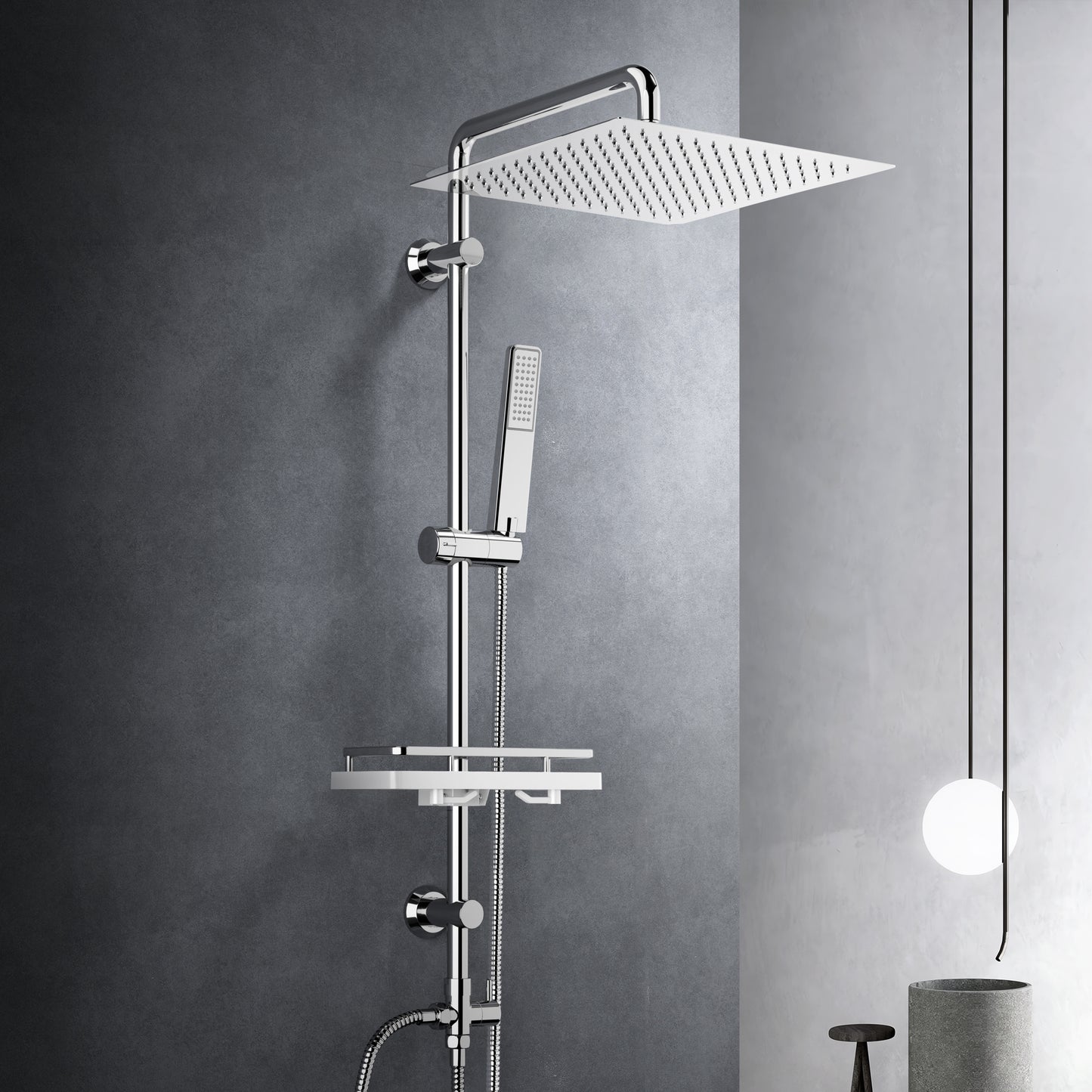JOHO Regendusche Duschsystem 92 CM mit Ablage Kopfbrause eckig Chrom
