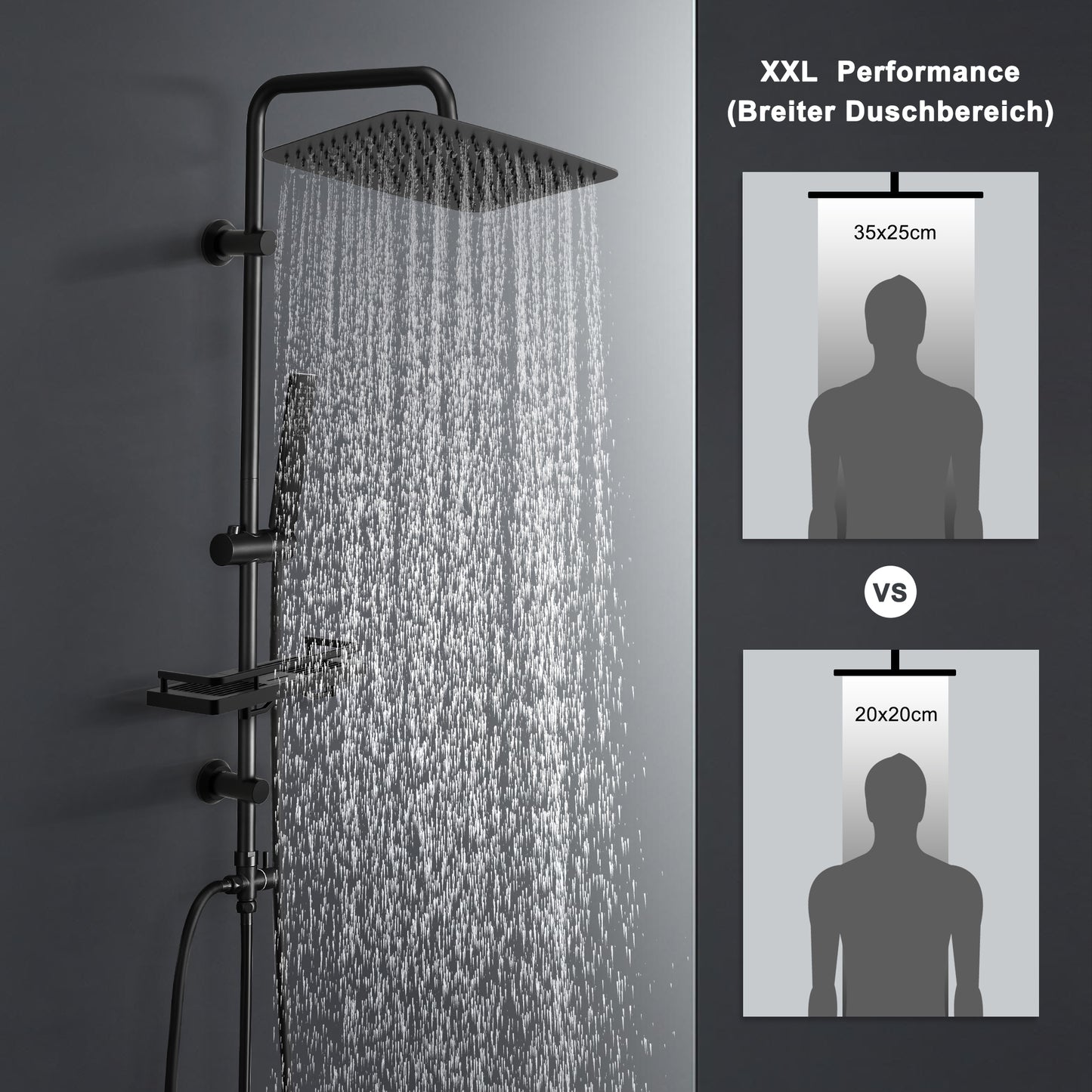 JOHO Regendusche Duschsystem 92 CM mit Ablage Kopfbrause rechteckig Schwarz 35x25 CM