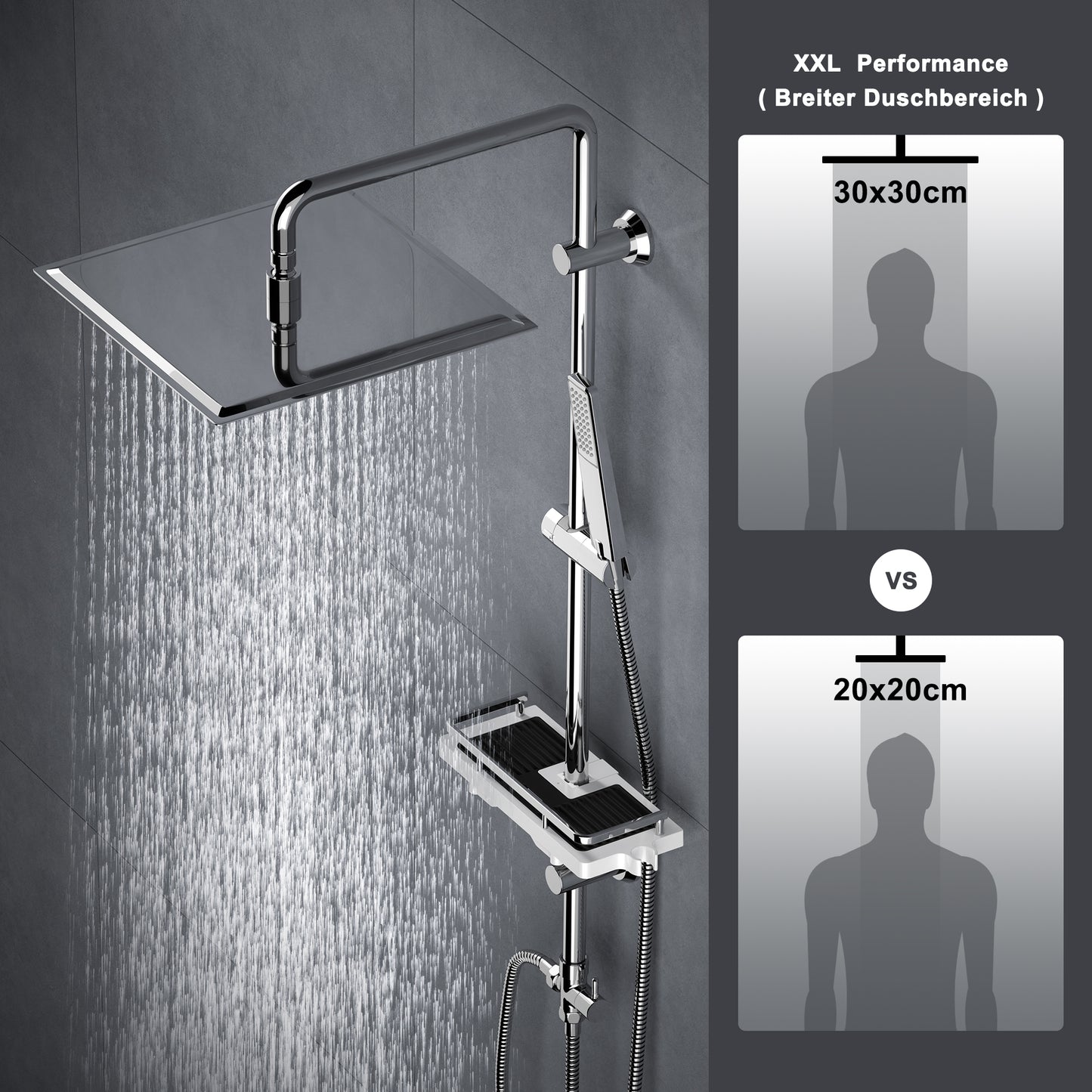JOHO Regendusche Duschsystem 92 CM mit Ablage Kopfbrause eckig Chrom