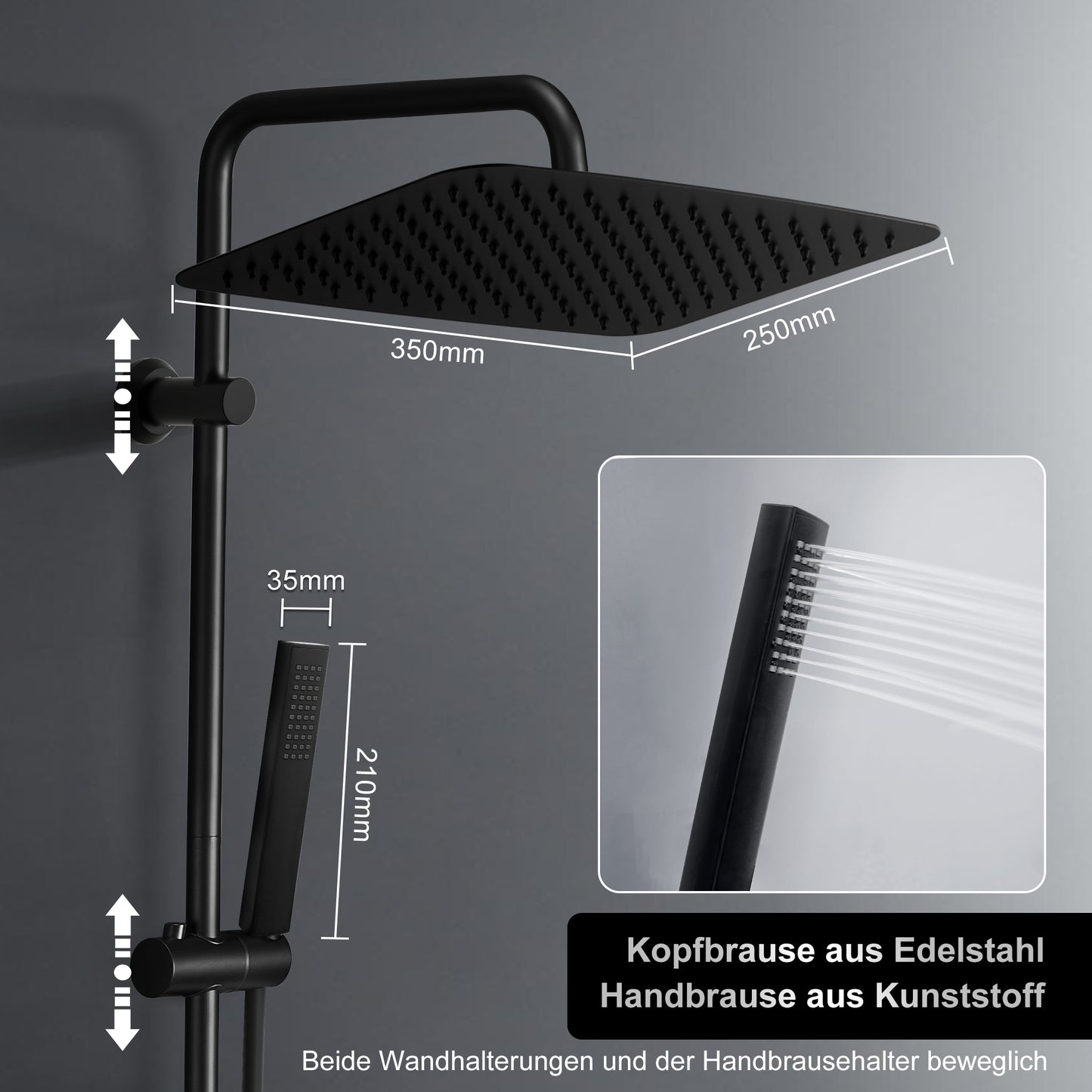 JOHO Regendusche Duschsystem 92 CM mit Ablage Kopfbrause rechteckig Schwarz 35x25 CM