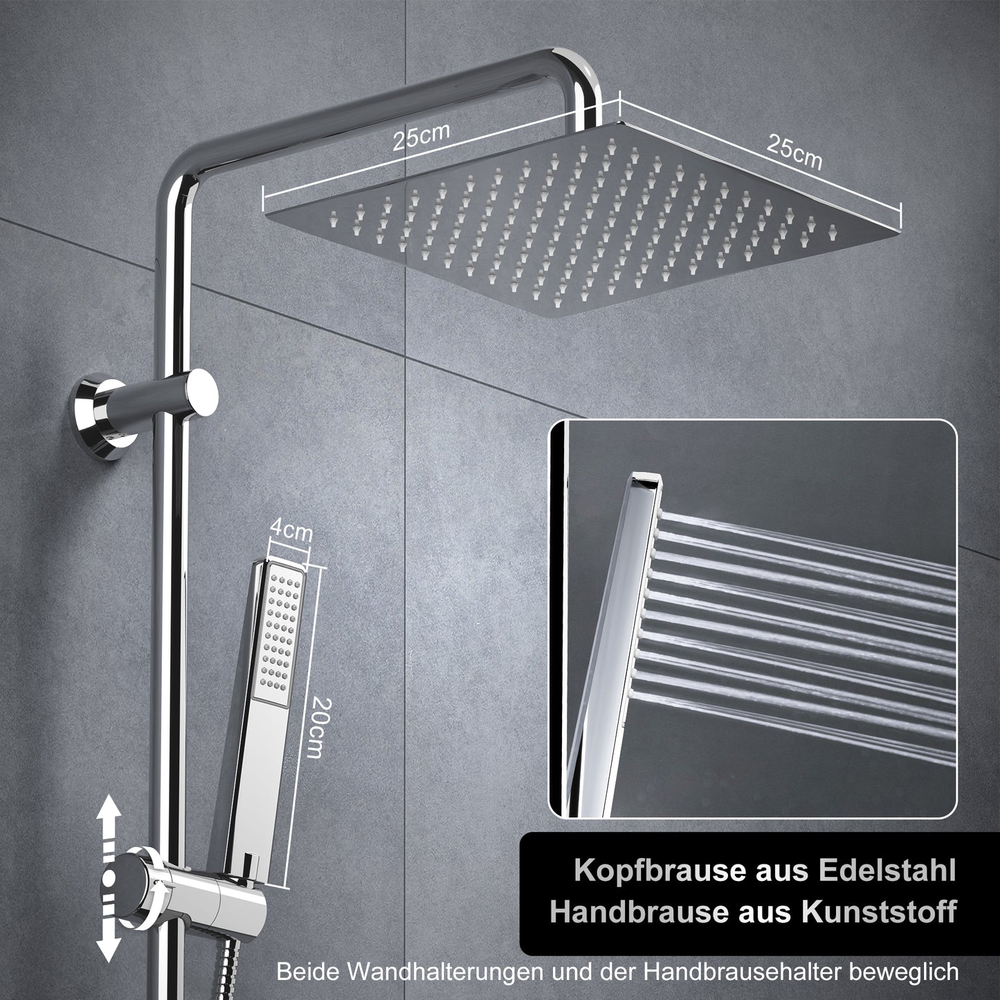 JOHO Edelstahl Duschsystem Duschset Überkopfbrauseset mit 92CM Duschstange Eckig
