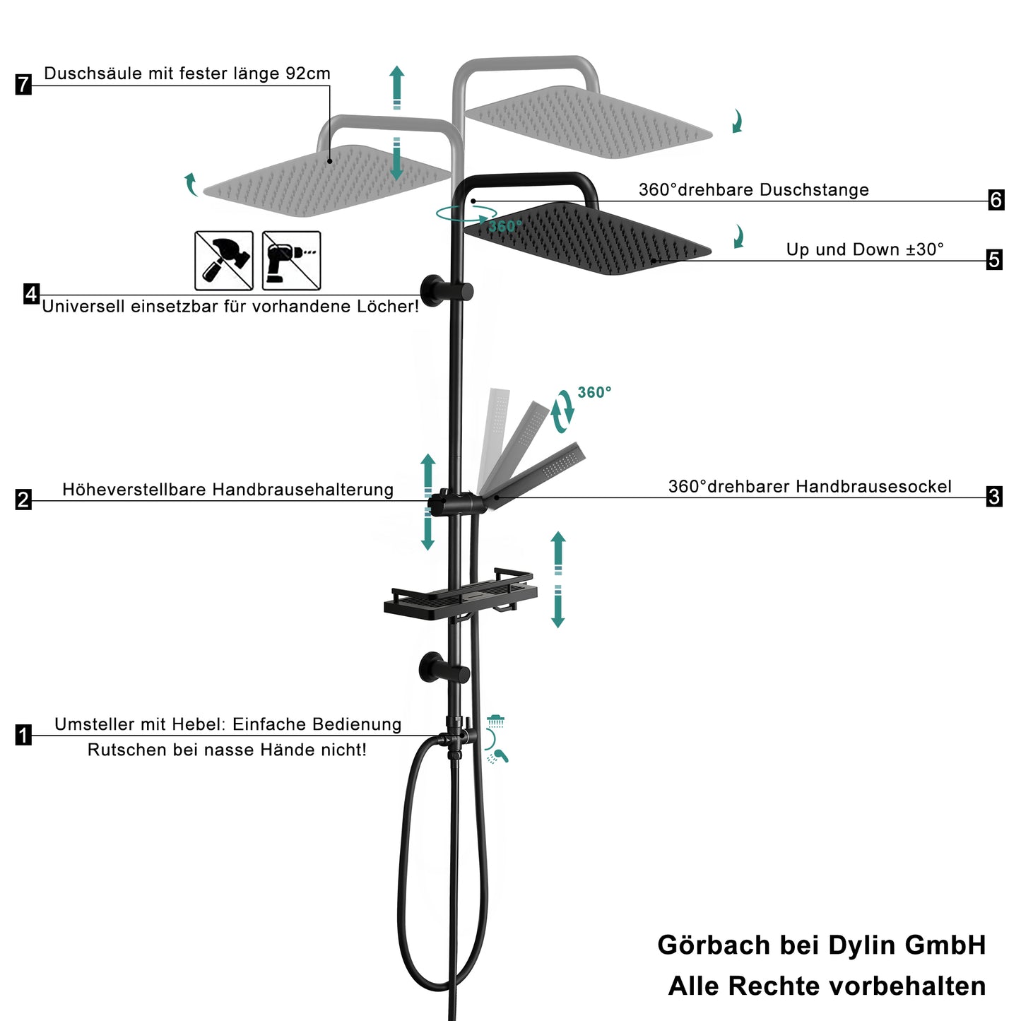 JOHO Regendusche Duschsystem 92 CM mit Ablage Kopfbrause rechteckig Schwarz 35x25 CM
