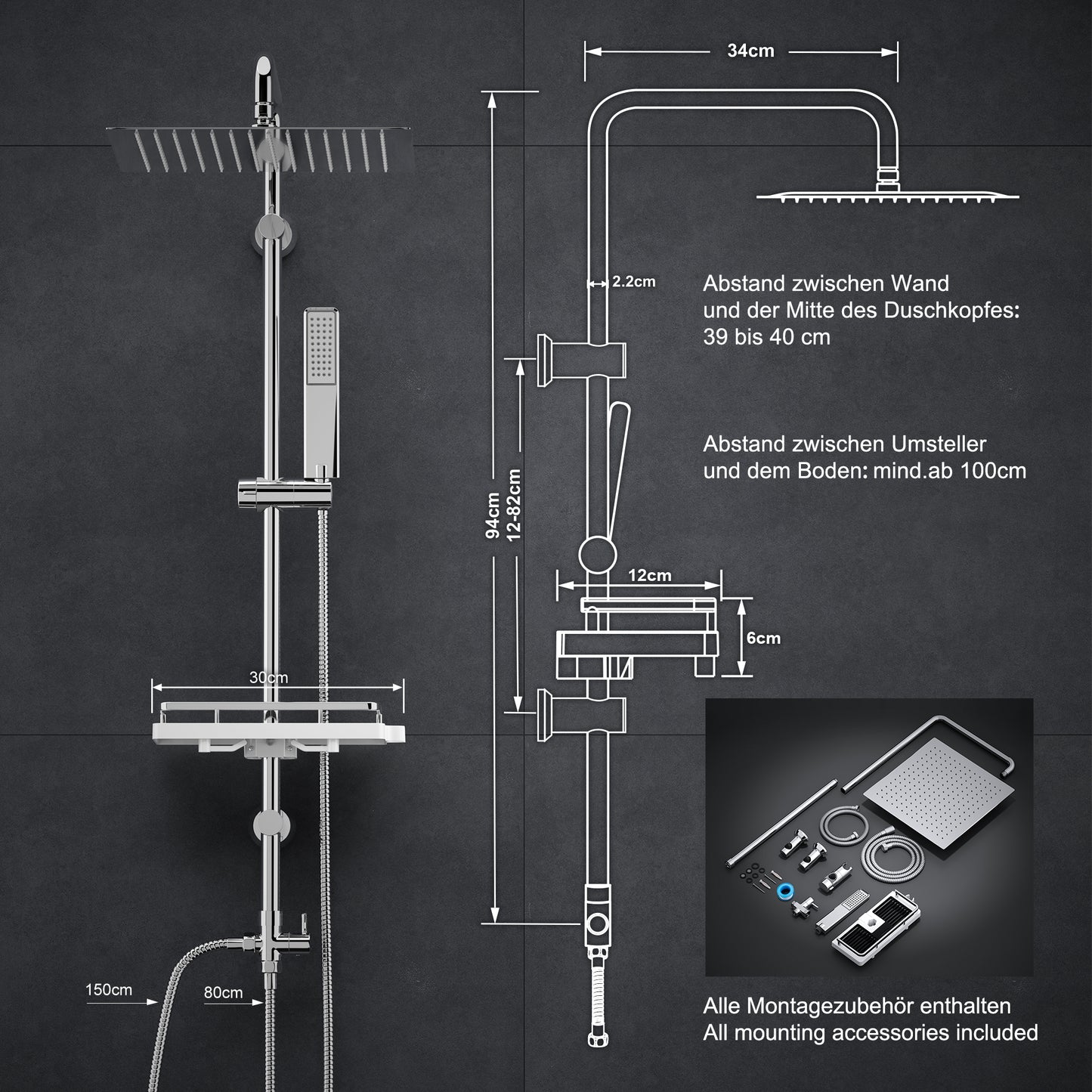 JOHO Regendusche Duschsystem 92 CM mit Ablage Kopfbrause eckig Chrom