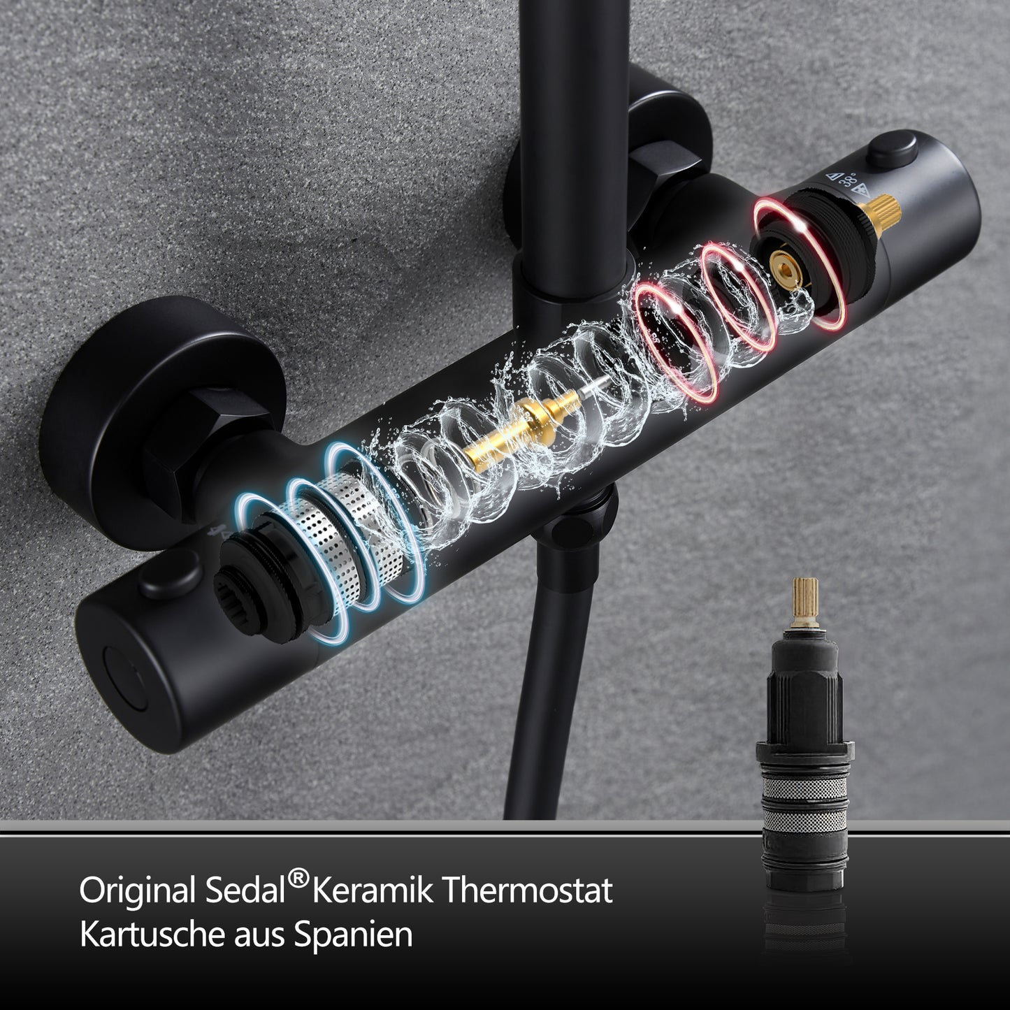 JOHO Thermostat Duschsystem Duschset mit 3 Strahlarten Handbrause matt schwarz (XXL Kopfbrause 35x25cm)