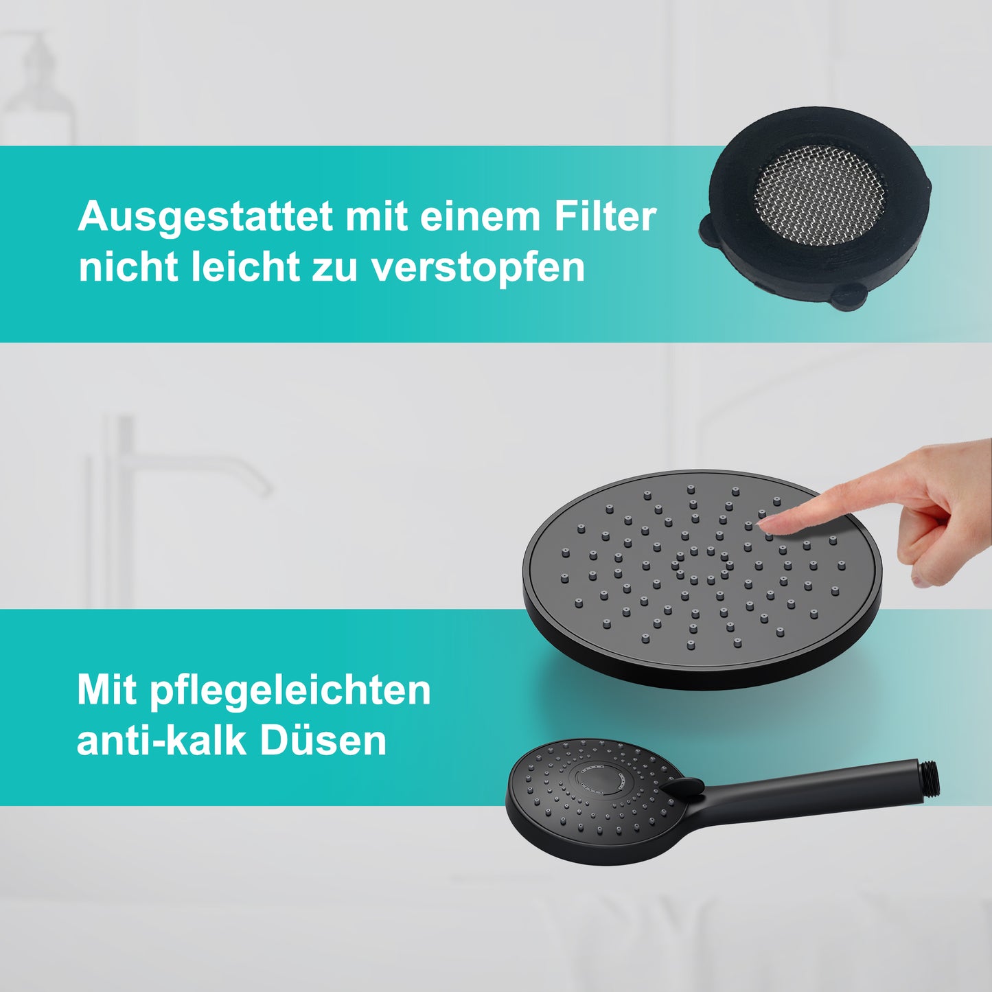 JOHO ABS Kopfbrause 8 Zoll Regendusche Duschkopf mit Handbrause, Runden Einbauduschkopf Mit Anti-Kalk Düsen D20cm Schwarz