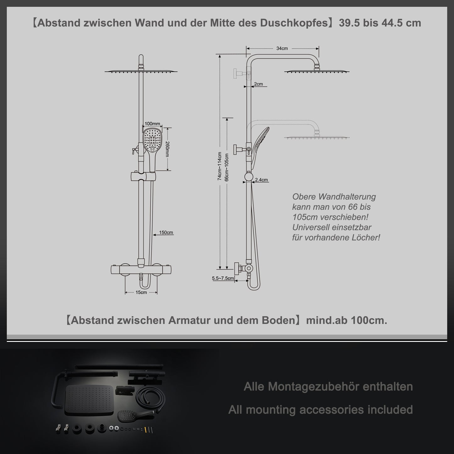 JOHO Thermostat Duschsystem Duschset mit 3 Strahlarten Handbrause matt schwarz (XXL Kopfbrause 35x25cm)
