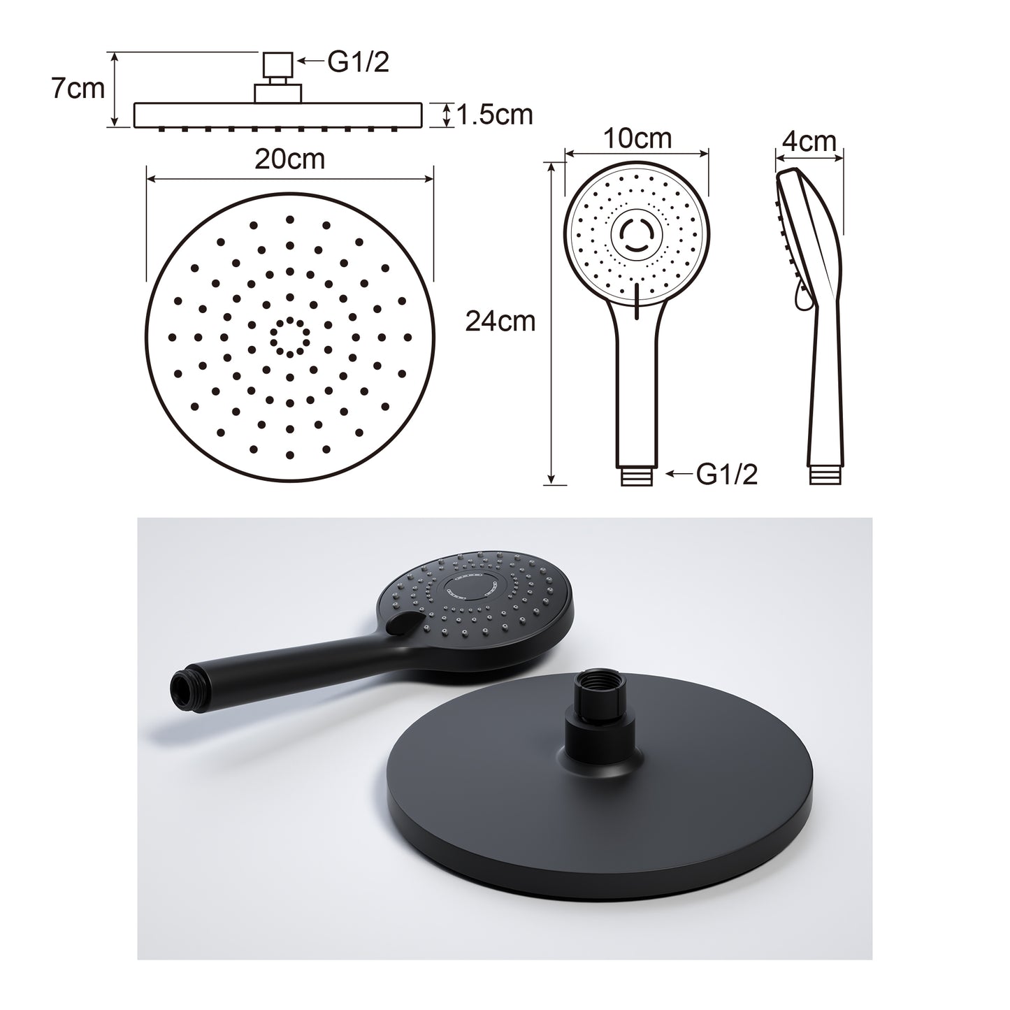 JOHO ABS Kopfbrause 8 Zoll Regendusche Duschkopf mit Handbrause, Runden Einbauduschkopf Mit Anti-Kalk Düsen D20cm Schwarz