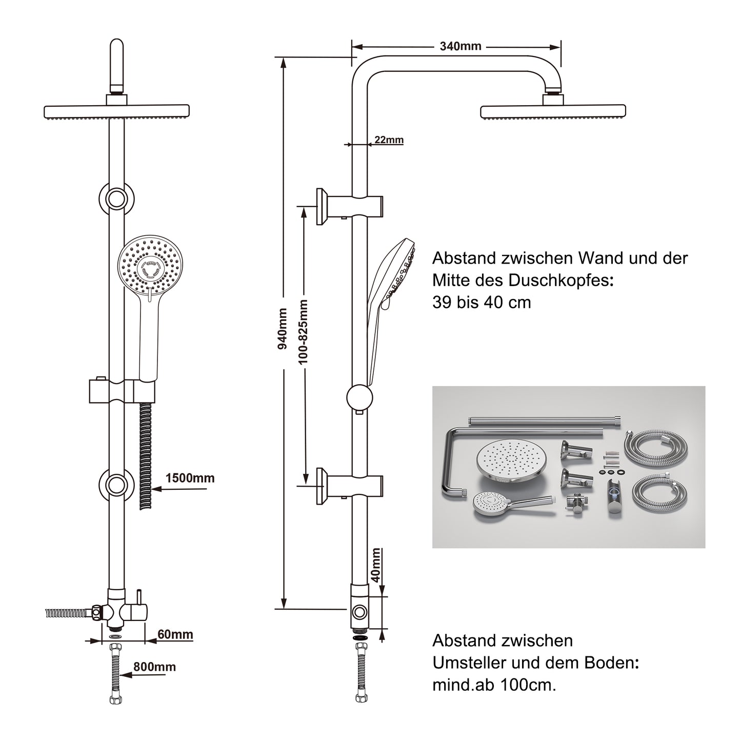 JOHO Regendusche Duschsystem ohne Duscharmatur, Edelstahl Duschset mit ABS Regenduschkopf Rund D20cm Chrom