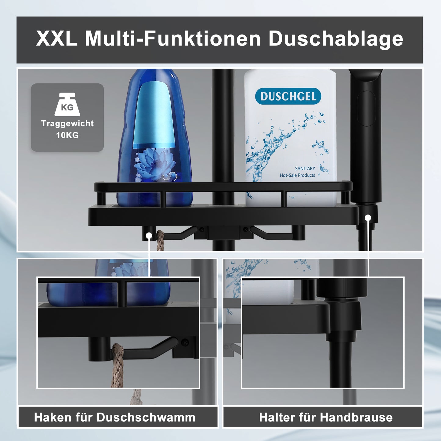 JOHO Thermostat Duschsystem mit Duscharmatur, Duschstangeset mit Duschablage, Thermostat Mischbatterie Dusche + Edelstahl Brausestangeset 70cm mit Handbrause und Schlauch Rechteckig Matt Schwarz