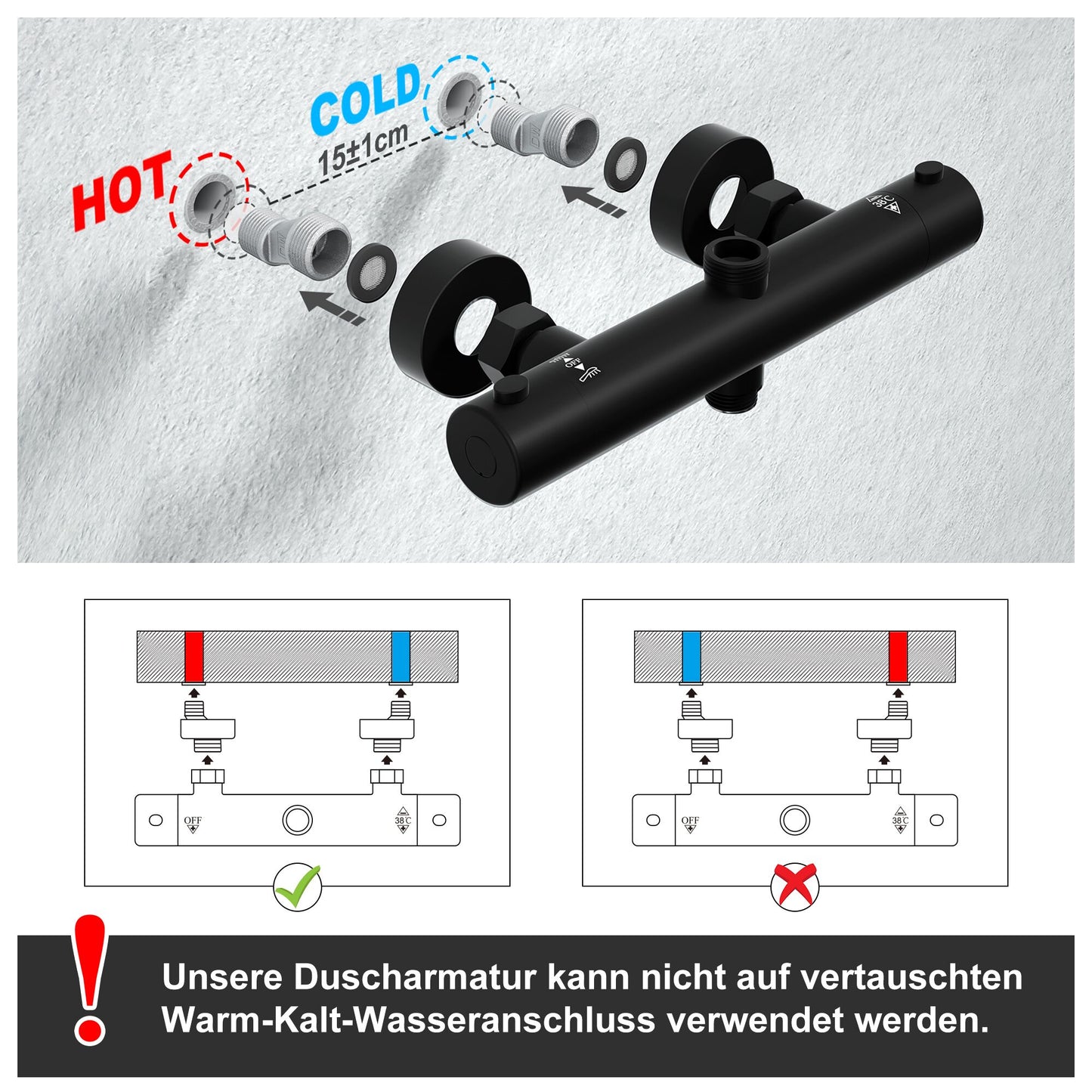 JOHO Thermostat Duschsystem Duschset mit eckig Kopfbrause matt schwarz