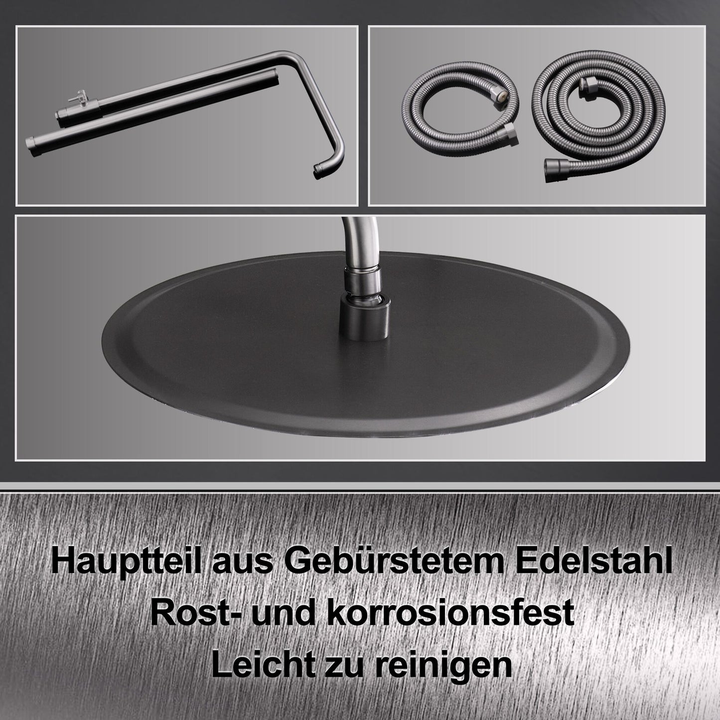 JOHO Regendusche Duschsystem mit Thermostatbatterie, Edelstahl Duschset mit Duscharmatur Komplettset, Rund Kopfbrause Gunmetal Grau