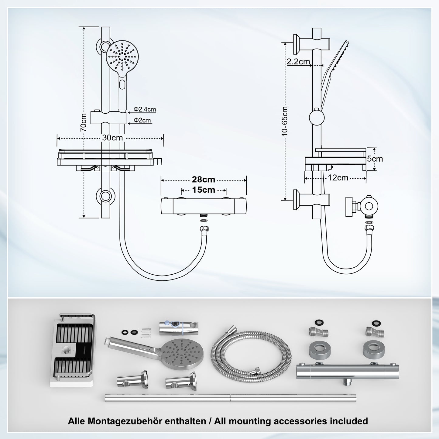 JOHO Thermostat Duschsystem mit Duscharmatur und Duschstangeset mit Duschablage Chrom TM-DSD12CP-A