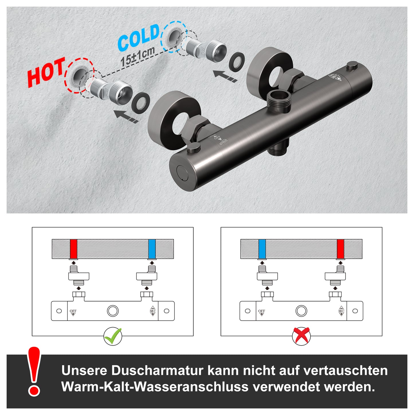 JOHO Regendusche Duschsystem mit Thermostatbatterie, Edelstahl Duschset mit Duscharmatur Komplettset, Kopfbrause Gunmetal Grau