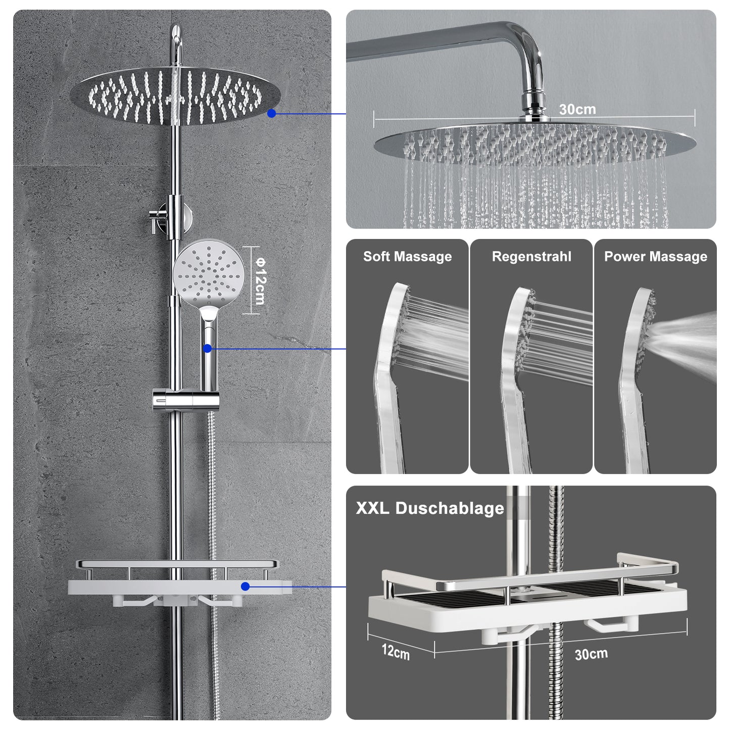 JOHO Edelstahl Regendusche Duschset mit rund Kopfbrause und Ablage Chrom
