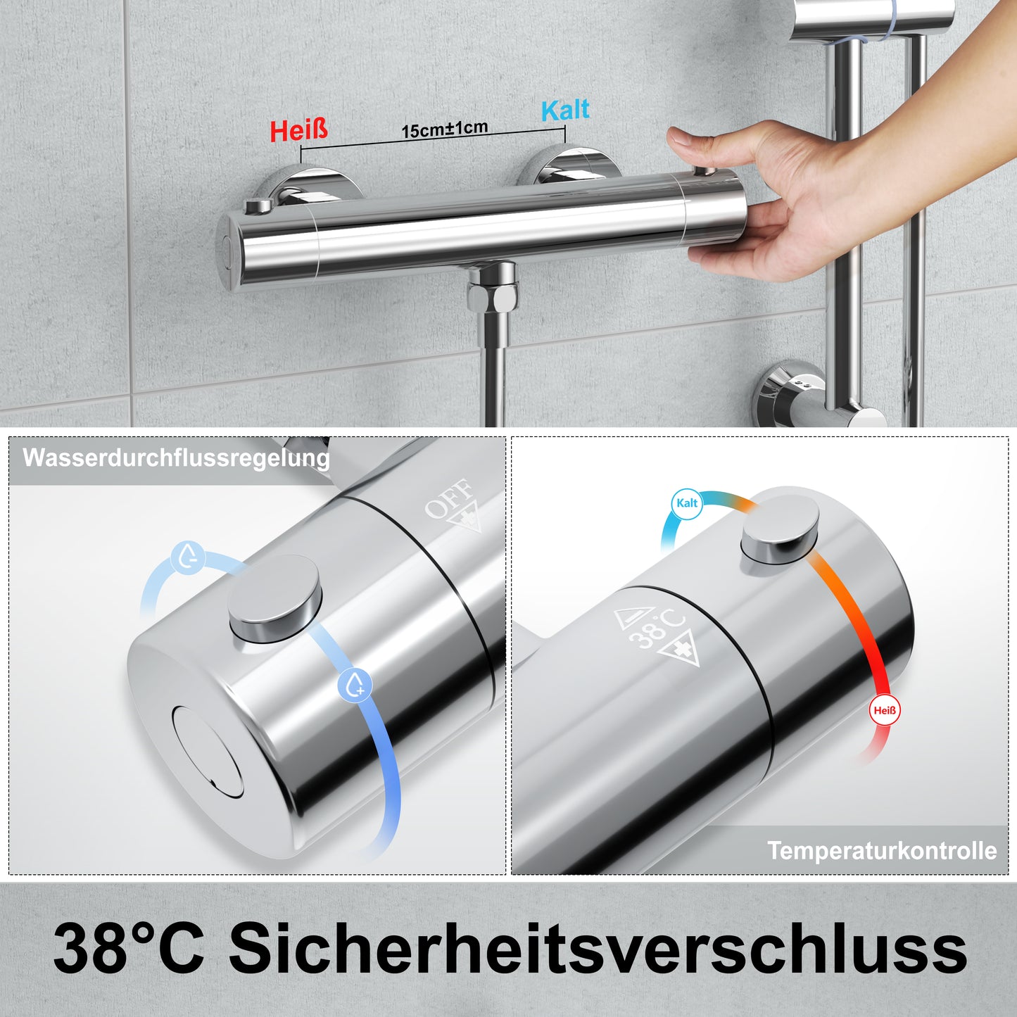 JOHO Thermostat Duschsystem mit Duscharmatur und Duschstangeset mit Duschablage Chrom TM-DSD12CP-A