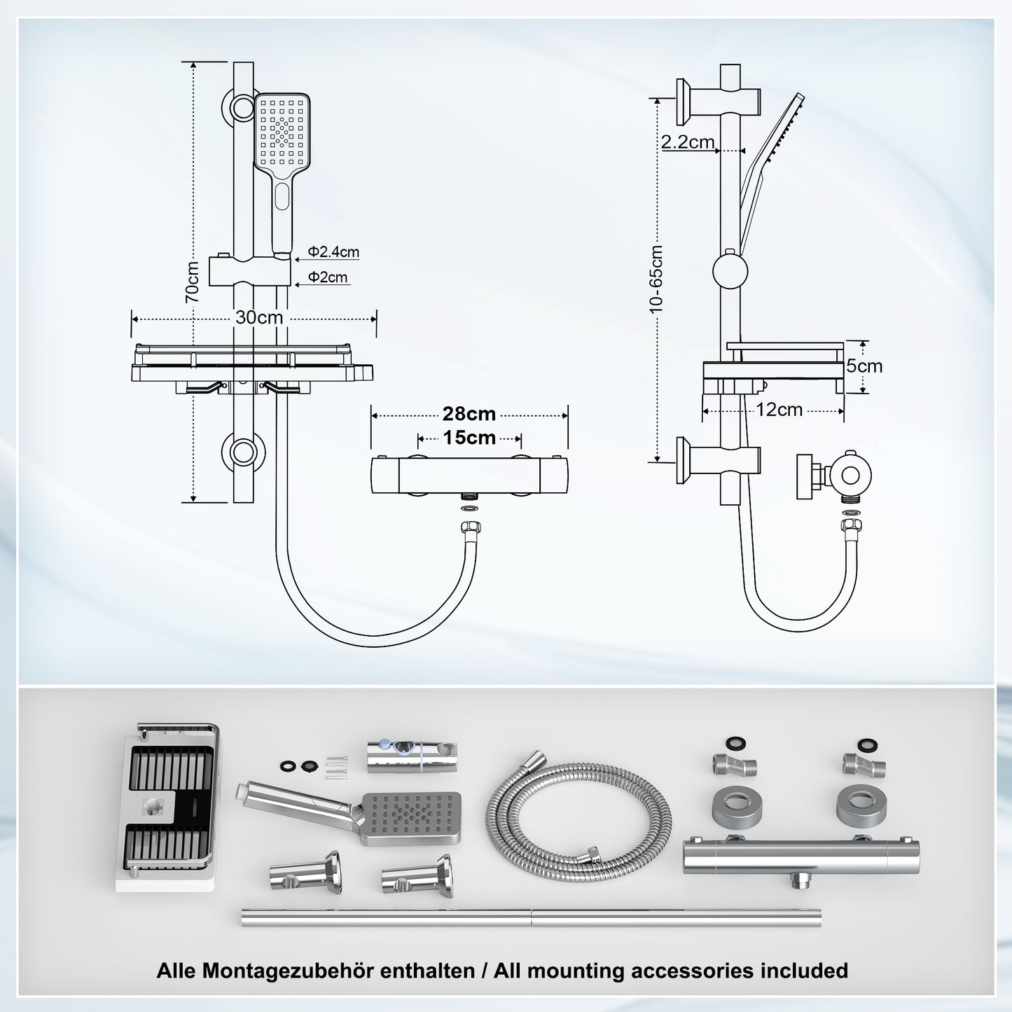 JOHO Thermostat Duschsystem mit Duscharmatur, Duschstangeset mit Duschablage, Thermostat Mischbatterie Dusche + Edelstahl Brausestangeset 70cm mit Handbrause und Schlauch Rechteckig Chrom