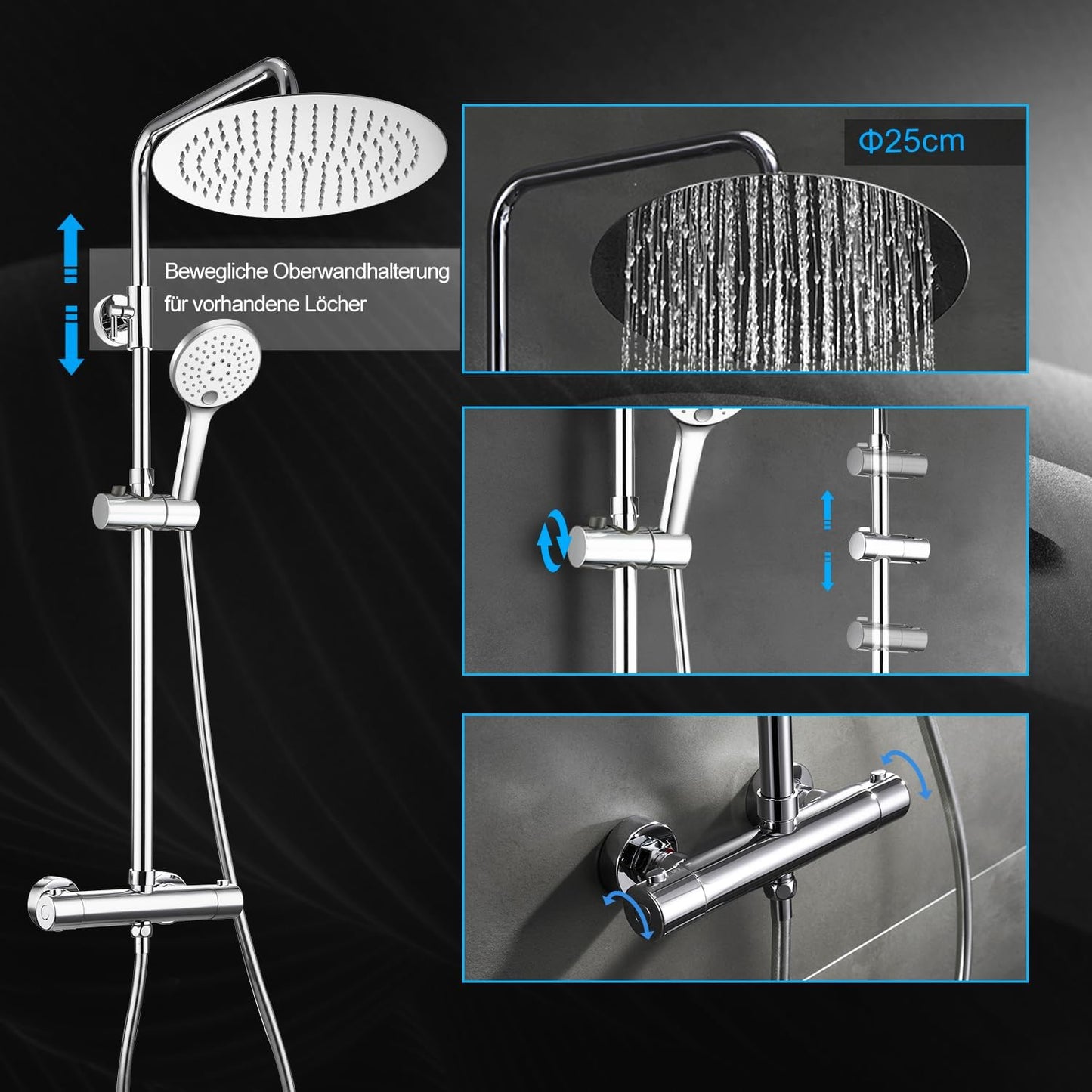 JOHO 304 Edelstahl Duschset mit Thermostat Duscharmatur Regendusche Duschsystem mit Kopfbrause D25cm Chrom