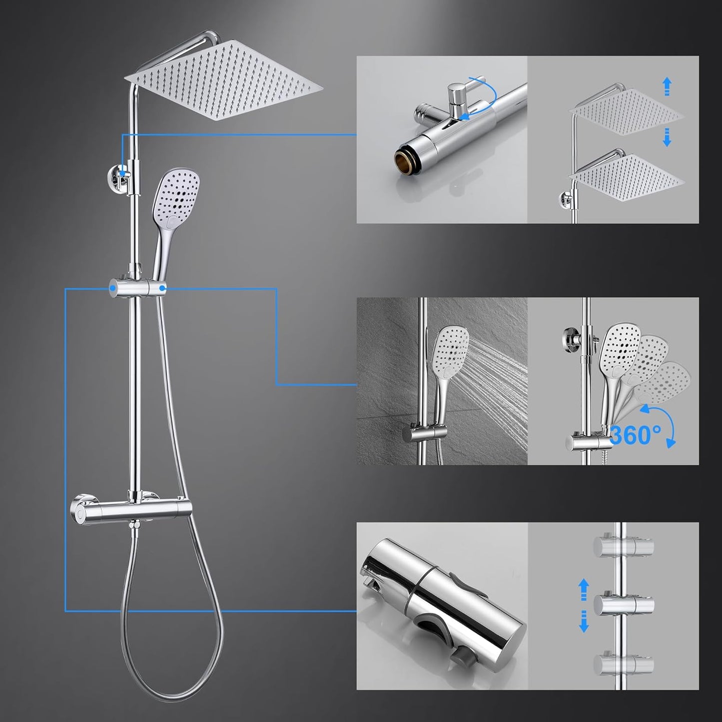 JOHO Regendusche Edelstahl Thermostat Duschset mit Kopfbrause, Duschsystem mit Thermostatarmatur, Chrom