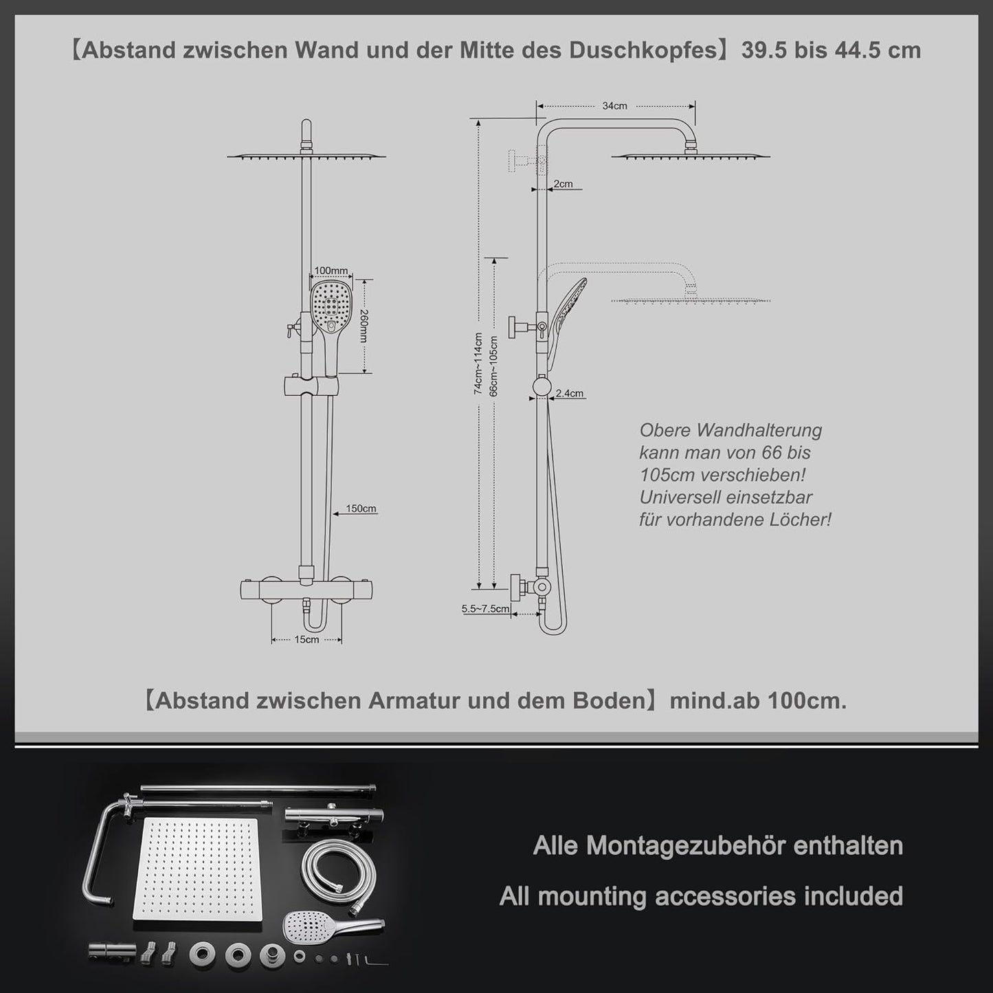 JOHO Regendusche Edelstahl Thermostat Duschset mit Kopfbrause, Duschsystem mit Thermostatarmatur, Chrom