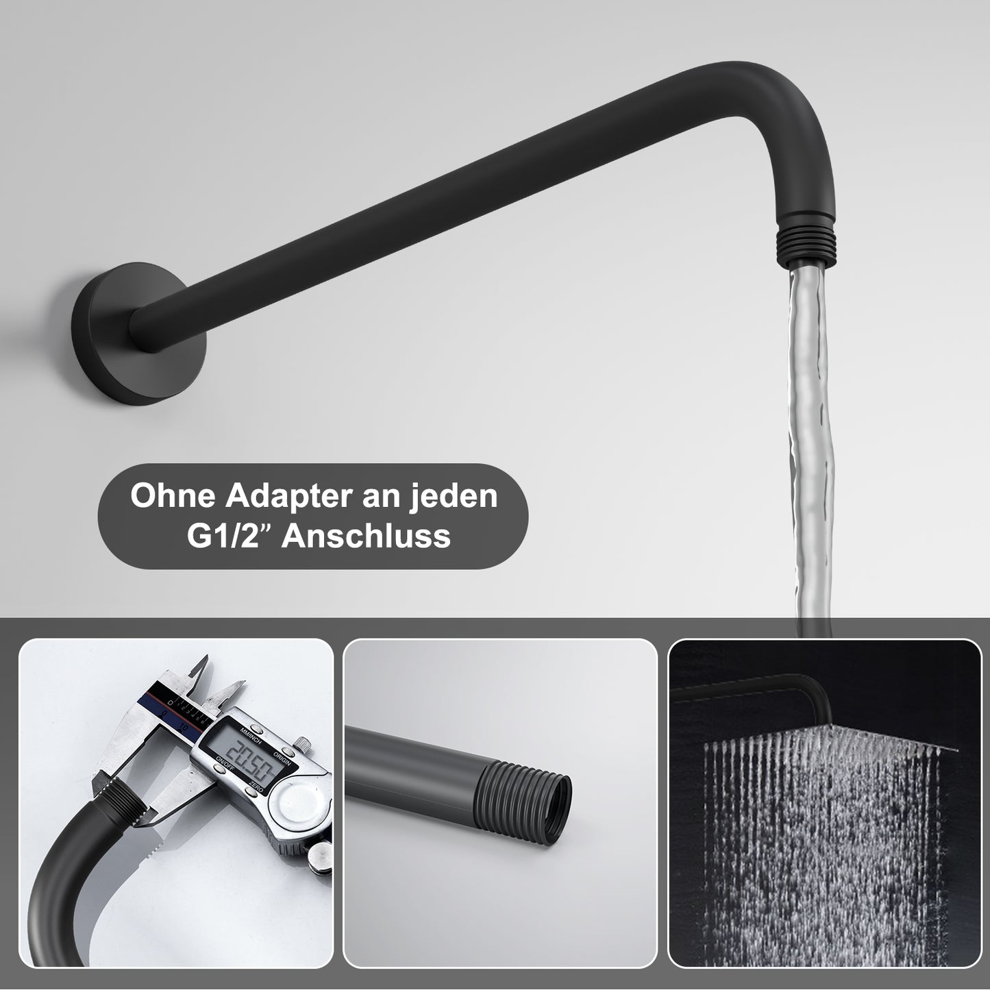 JOHO Bombenfester Brausearm Wandarm Deckenarm Zulaufarm aus Edelstahl 40cm rund schwarz mit Belastung 52kg