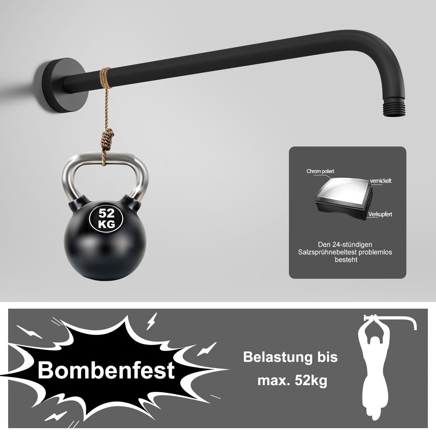 JOHO Bombenfester Brausearm Wandarm Deckenarm Zulaufarm aus Edelstahl 40cm rund schwarz mit Belastung 52kg