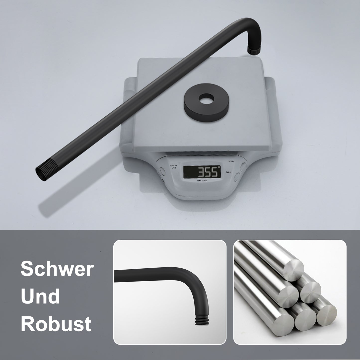 JOHO Bombenfester Brausearm Wandarm Deckenarm Zulaufarm aus Edelstahl 40cm rund schwarz mit Belastung 52kg