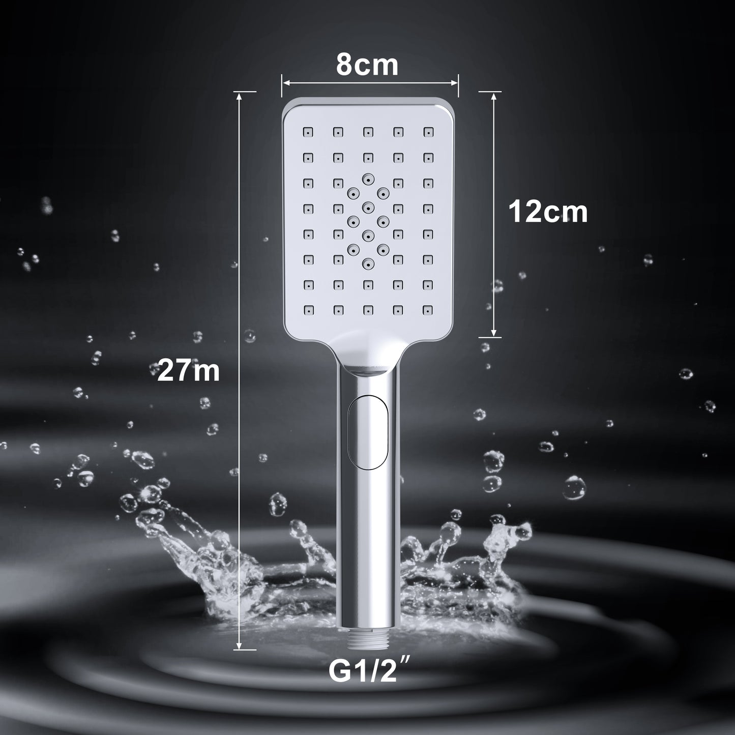 JOHO Großem Duschkopf mit 3 Strahlarten, Quadratisch Handbrause Regendusche Duschbrause aus ABS, Brausekopf mit Antikalk-Funktion für Badezimmer Chrom