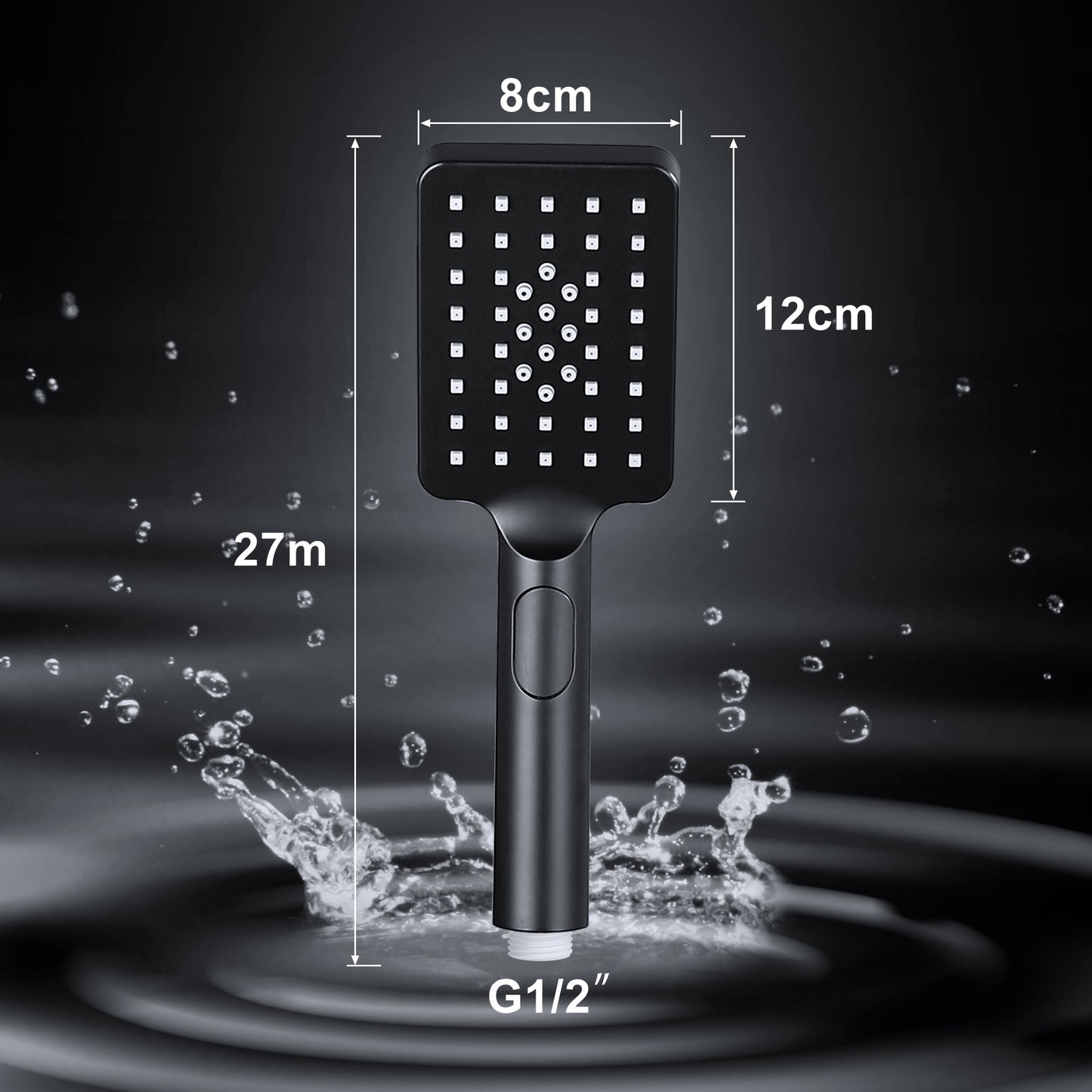 JOHO Großem Duschkopf mit 3 Strahlarten, Quadratisch Handbrause Regendusche Duschbrause aus ABS, Brausekopf mit Antikalk-Funktion Schwarz