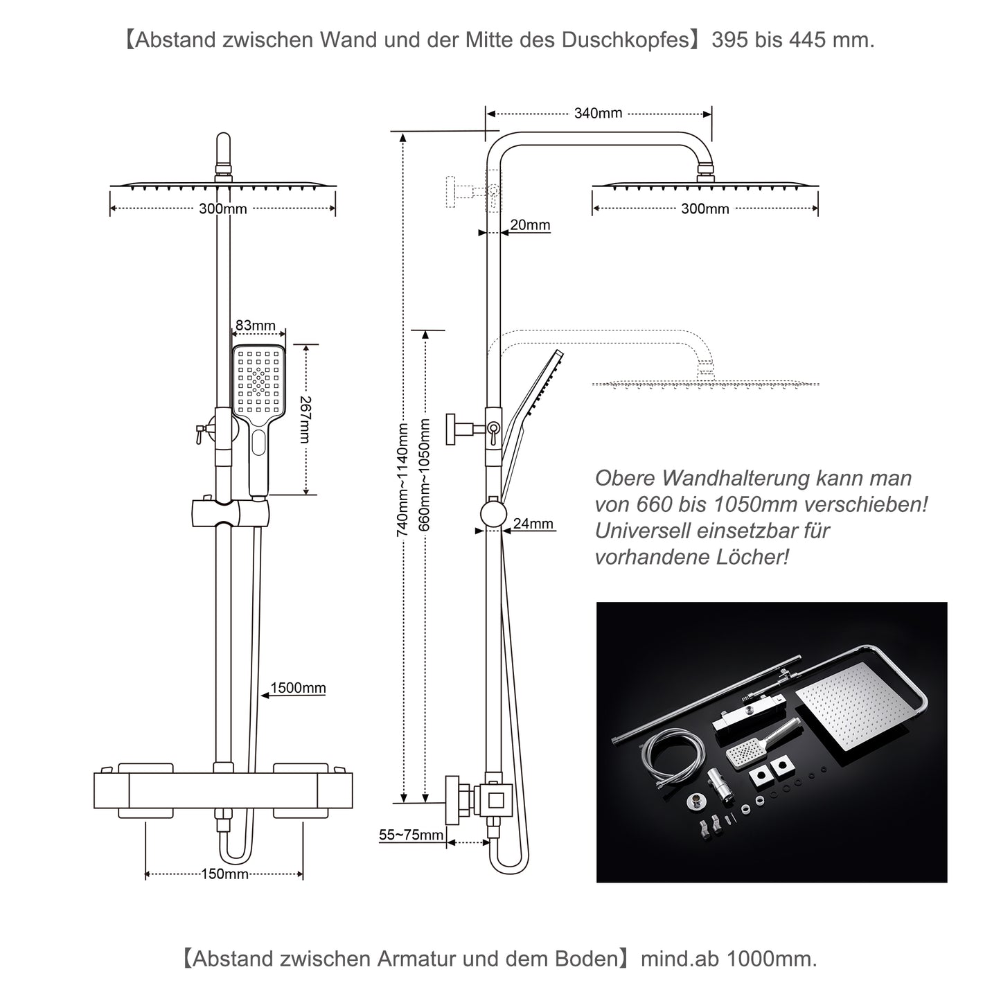 JOHO Thermostat Duschset Duschsystem Regendusche Duschgarnitur Duscharmatur mit 304 Edelstahl Eckig Kopfbrause