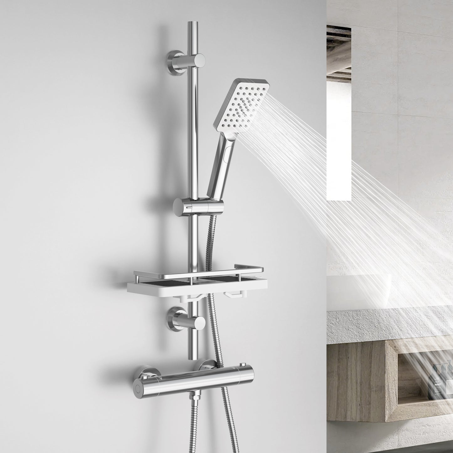 JOHO Duschset Duschstangeset mit Ablage, Rail Shower kit mit rechteckig Handbrause Chrom (DS1210CP)