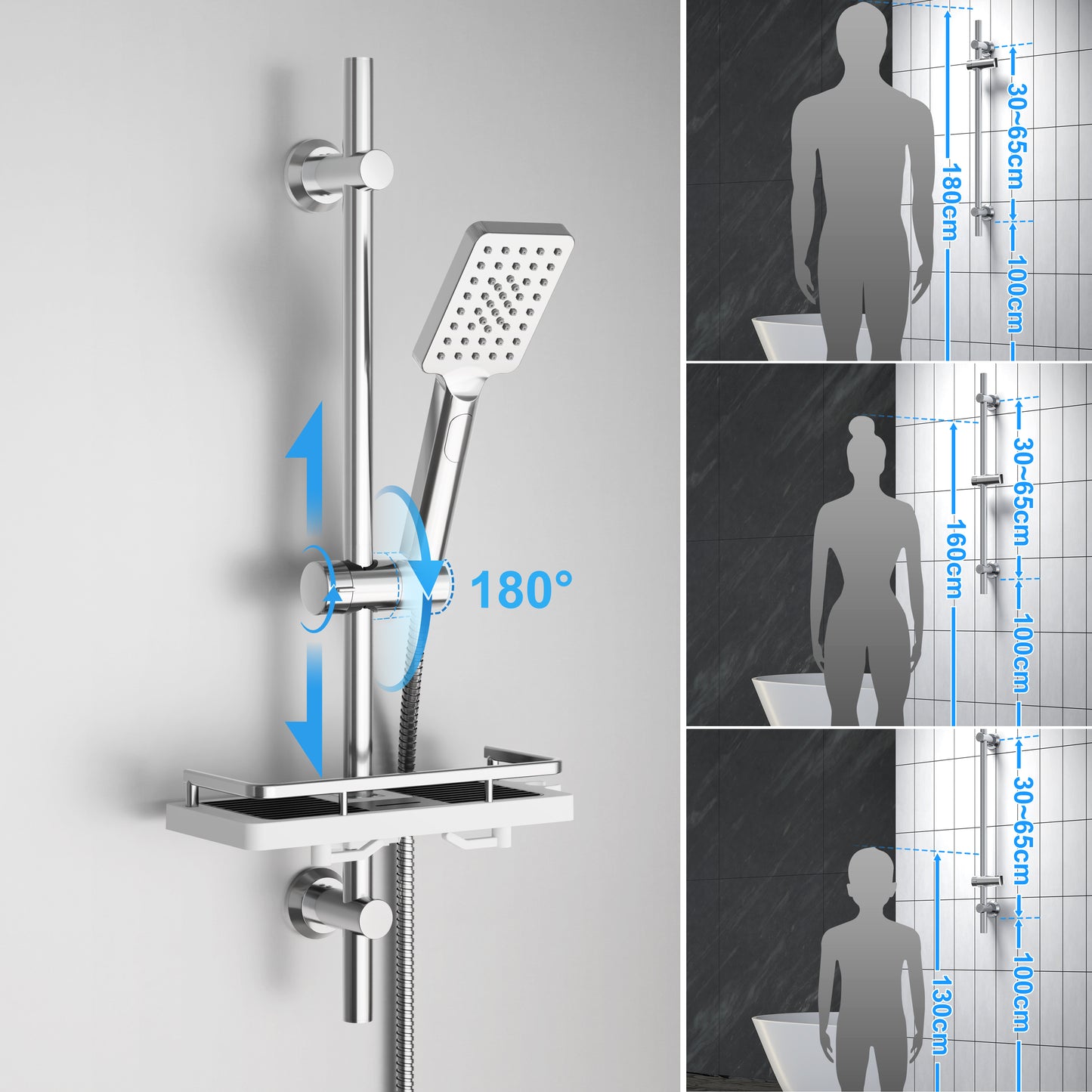 JOHO Duschset Duschstangeset mit Ablage, Rail Shower kit mit rechteckig Handbrause Chrom (DS1210CP)