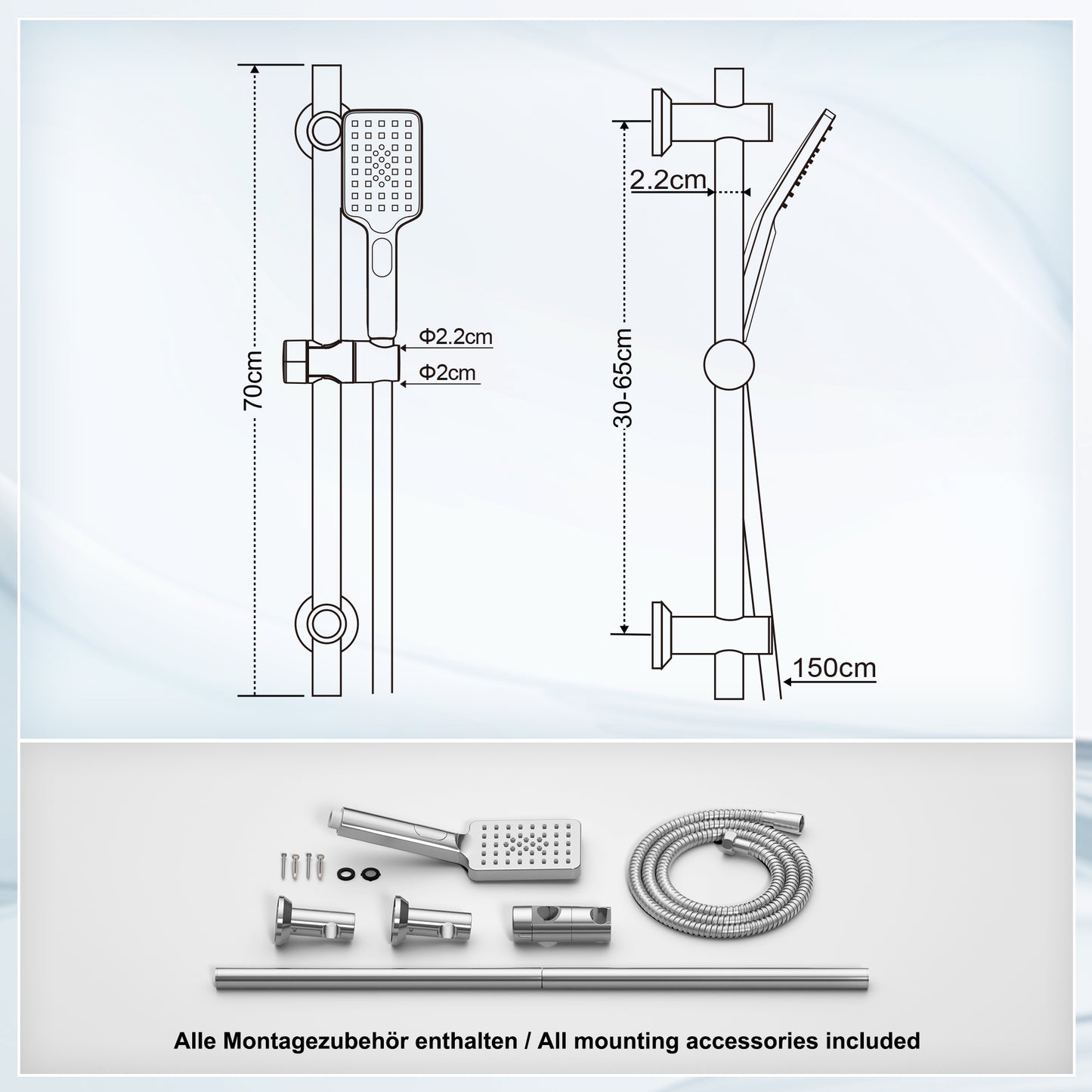 JOHO Duschset Duschbrause mit Schlauch und Halterung, Handdusche und 0.7m Duschstange mit Brausehalterung, Chrom (DS1210CP)