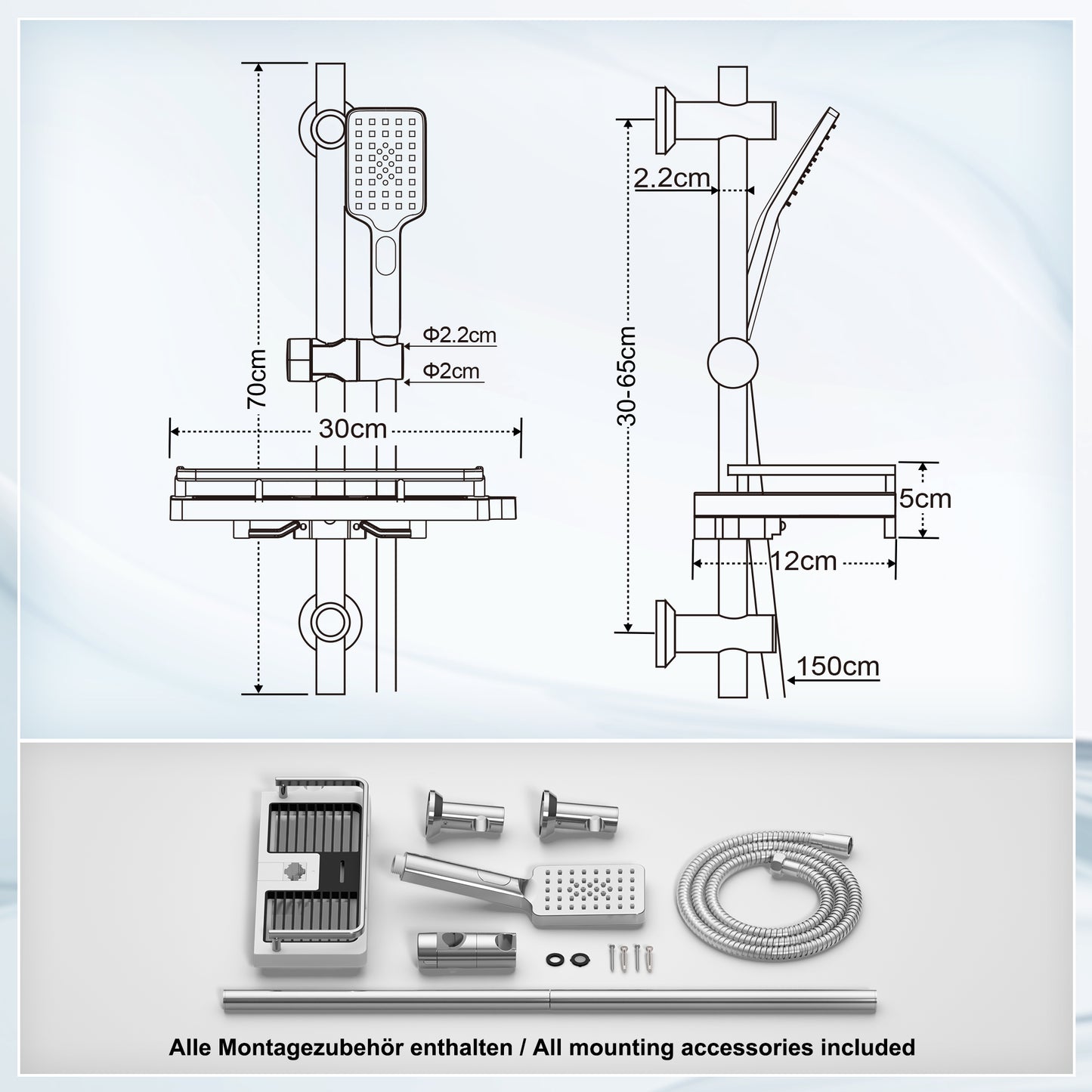 JOHO Duschset Duschstangeset mit Ablage, Rail Shower kit mit rechteckig Handbrause Chrom (DS1210CP)