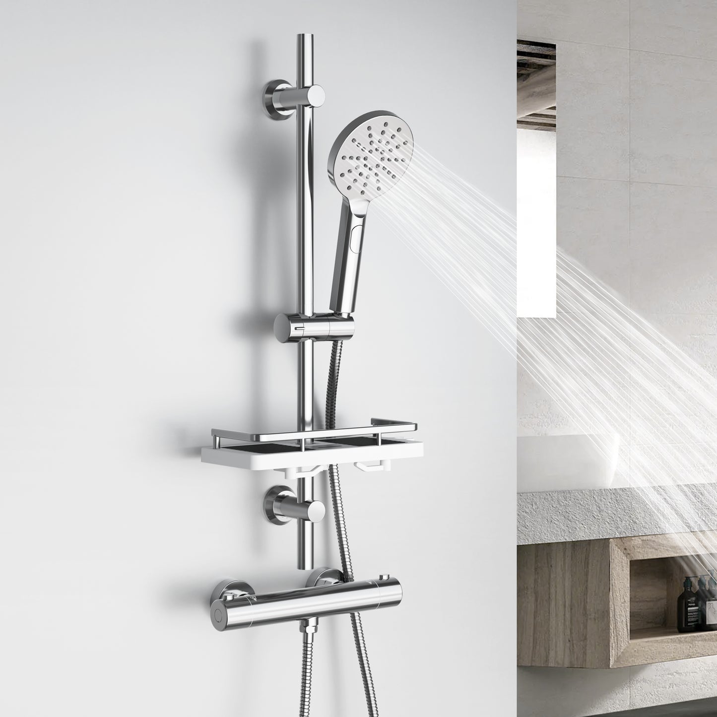 JOHO Duschset Duschstangeset mit Ablage, Rail Shower kit Brausestangeset mit Rund Handbrause Chrom (DSD12CP)