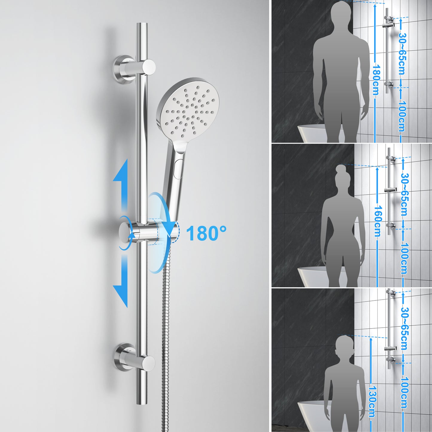 JOHO Duschset Duschbrause mit Schlauch und Halterung, D12cm Handdusche und 0.7m Duschstange set mit Brausehalterung, Chrom (DSD12CP)