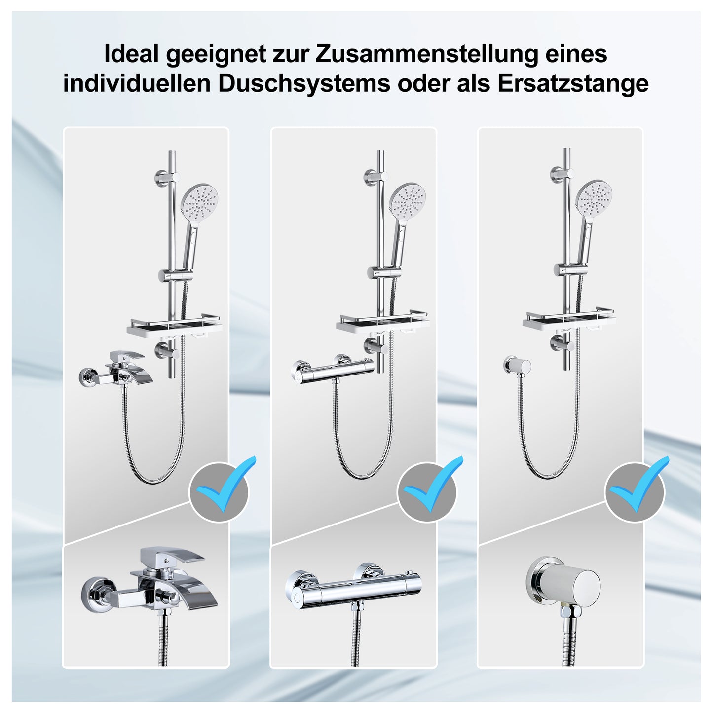 JOHO Duschset Duschstangeset mit Ablage, Rail Shower kit Brausestangeset mit Rund Handbrause Chrom (DSD12CP)