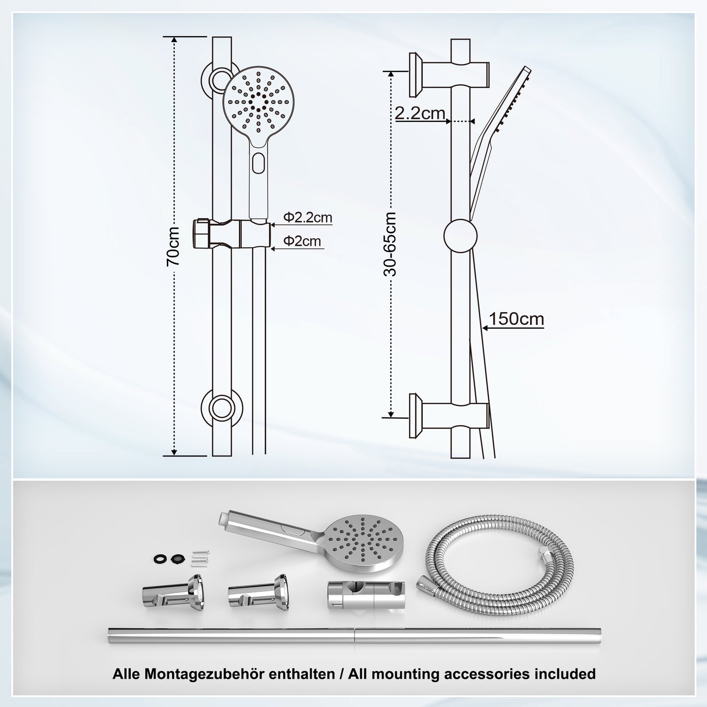 JOHO Duschset Duschbrause mit Schlauch und Halterung, D12cm Handdusche und 0.7m Duschstange set mit Brausehalterung, Chrom (DSD12CP)