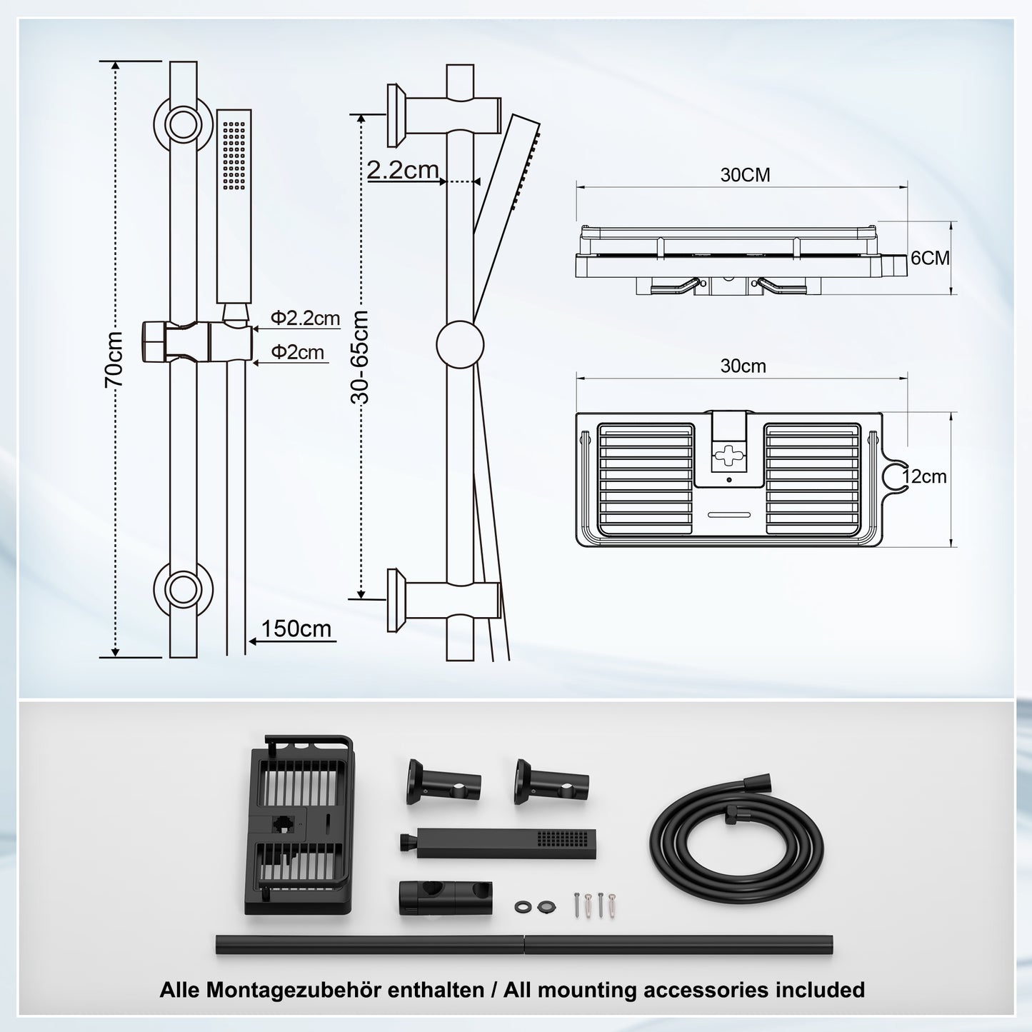 JOHO Duschset mit Duschablage Seifenschale, Edelstahl Brausestangeset 70cm mit Duschstange und Handbrause, Duschbrause mit Schlauch und Halterung Matt Schwarz