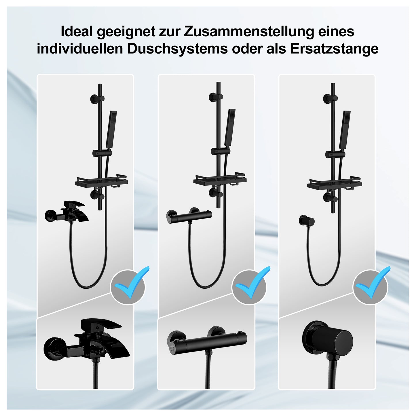 JOHO Duschset mit Duschablage Seifenschale, Edelstahl Brausestangeset 70cm mit Duschstange und Handbrause, Duschbrause mit Schlauch und Halterung Matt Schwarz