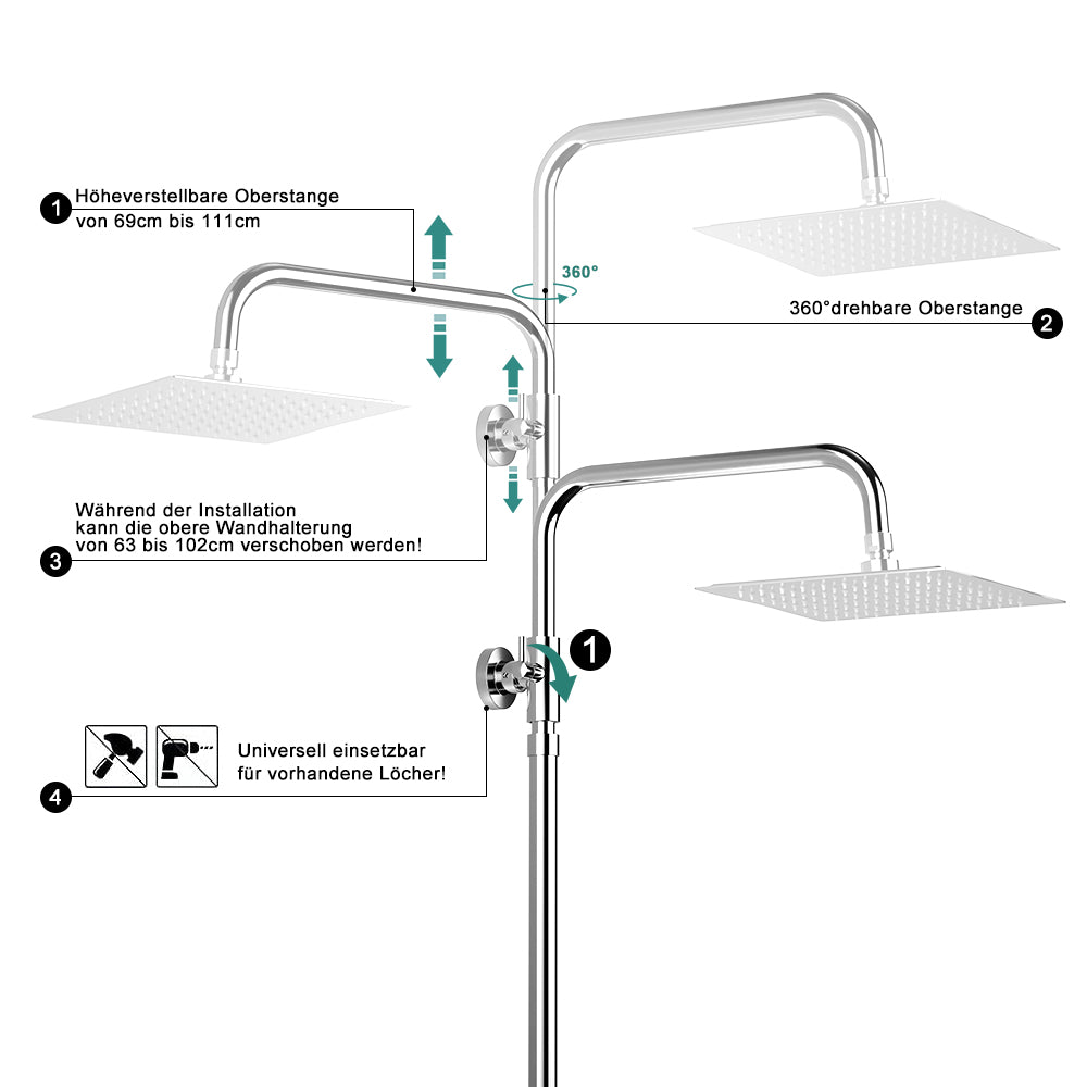 JOHO Höheverstellbare Duschstange mit Gewindeadapter 1/2 Zoll IG auf 3/4 Zoll AG, Edelstahl Duschsystem Zubehör Wandstange Regendusche rohr Brausearm mit verstellbare Länge von 69 bis 111cm Chrom