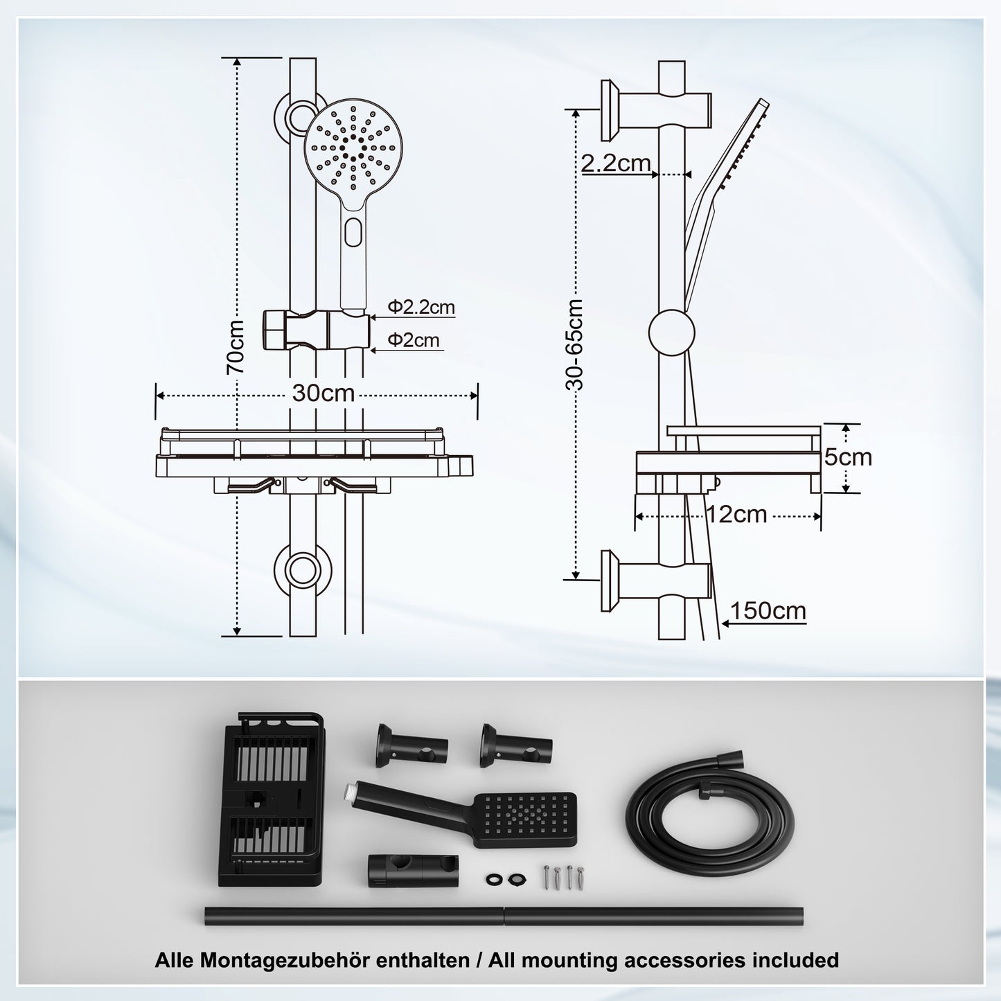 JOHO Duschset Rail Shower kit Der Duschkopf mit hohem Preis-Leistungs-Verhältnis Handbrause Duschstangeset mit Ablage schwarz (DS1210MB)