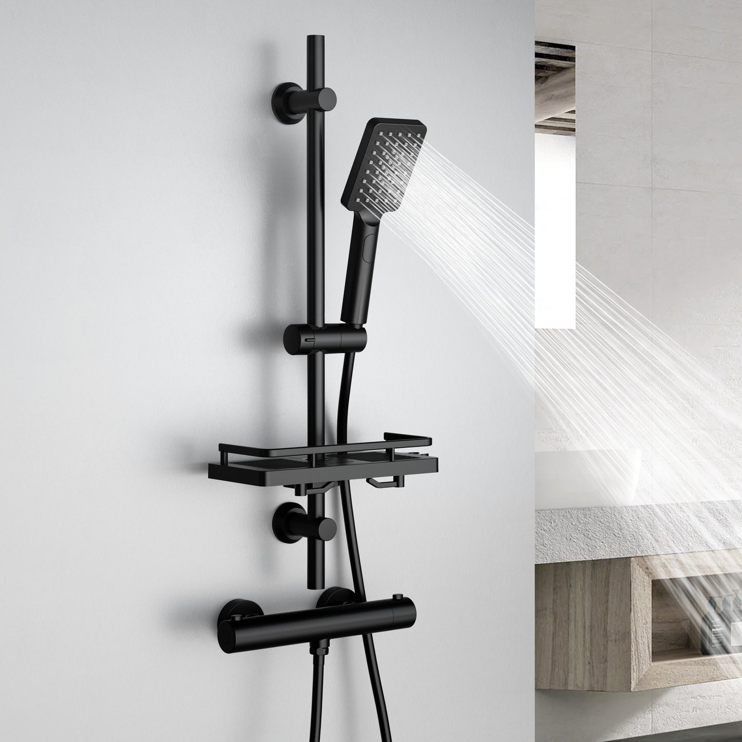 JOHO Duschset Rail Shower kit Der Duschkopf mit hohem Preis-Leistungs-Verhältnis Handbrause Duschstangeset mit Ablage schwarz (DS1210MB)