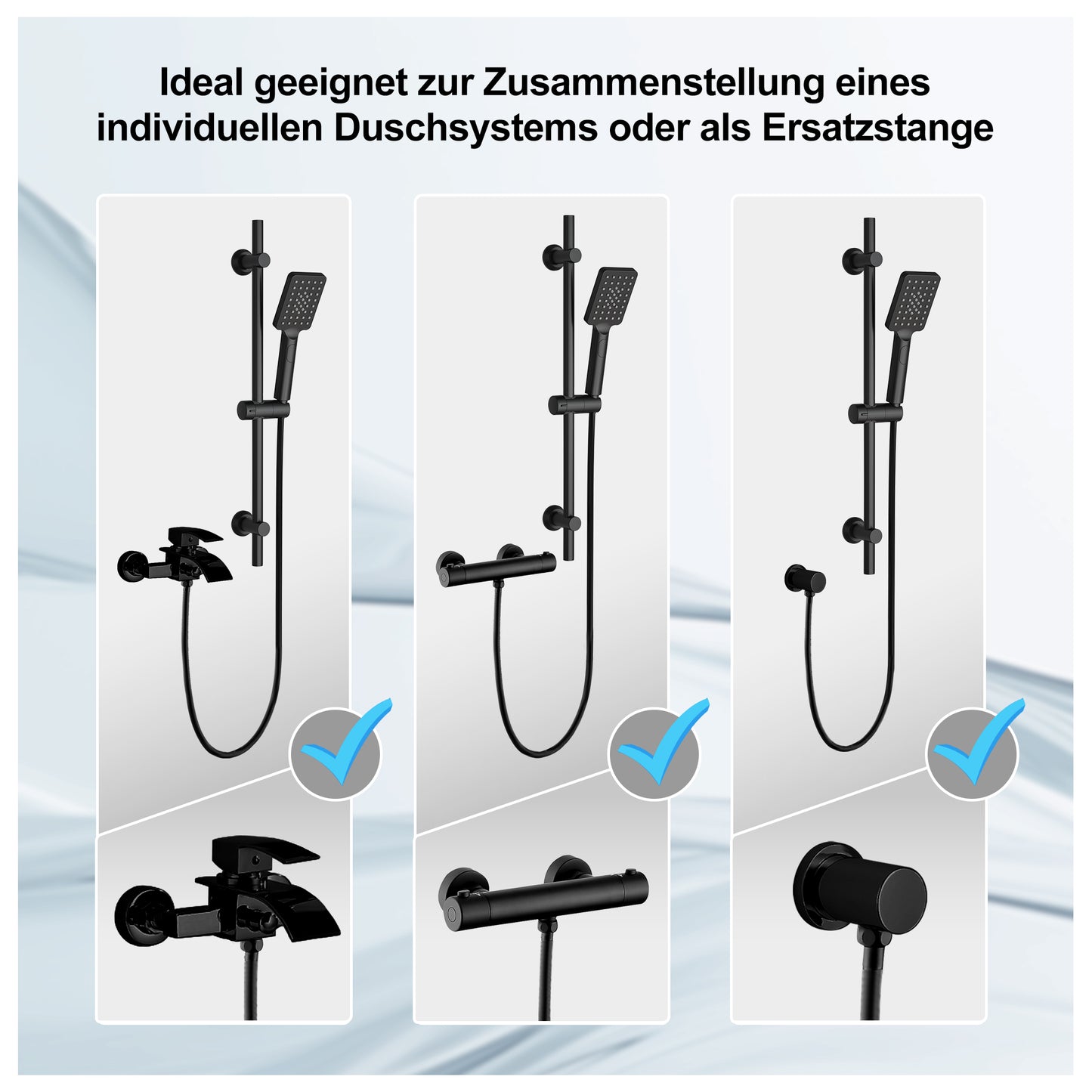 JOHO Schwarz Duschset mit Handbrause 0.7m Duschstange mit Brausehalterung Schlauch(DS1210MB)