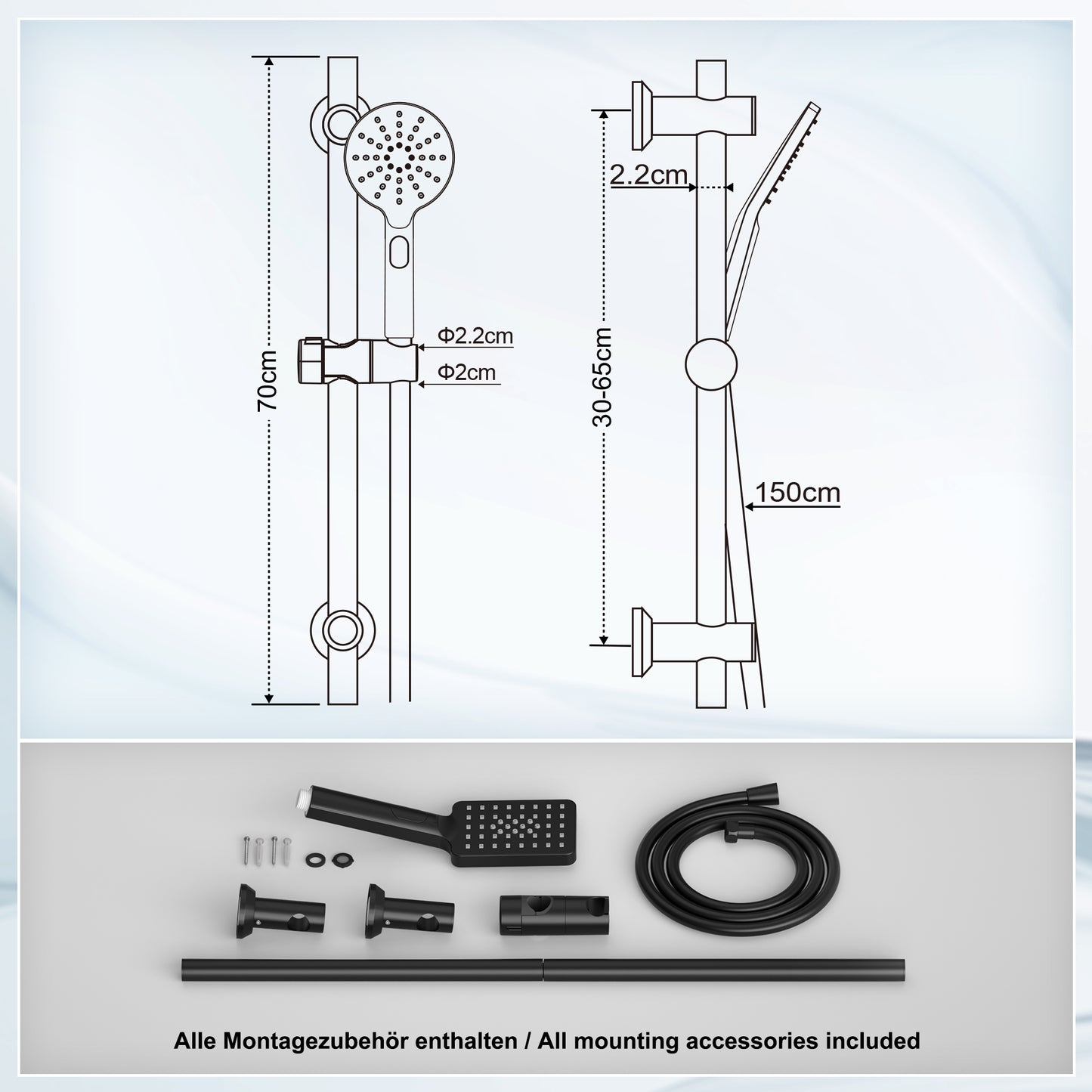 JOHO Schwarz Duschset mit Handbrause 0.7m Duschstange mit Brausehalterung Schlauch(DS1210MB)