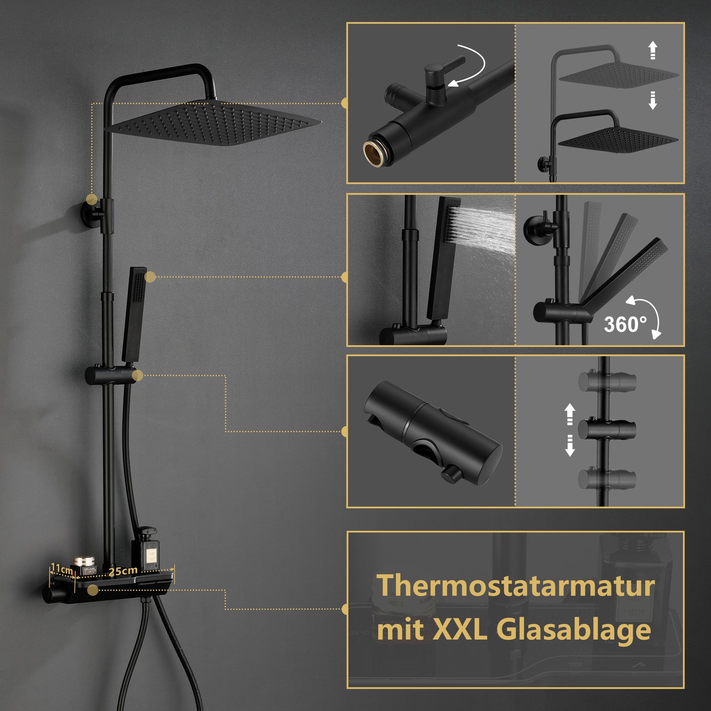 JOHO Regendusche Thermostat Duschsystem mit Thermostatische, 35*25CM Überkopfbrause,Handbrause,Duschstange Matt Schwarz