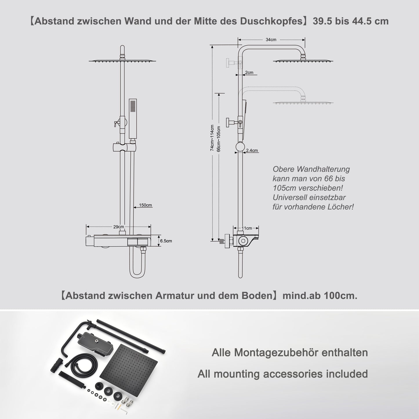 JOHO Regendusche Duschset mit Duscharmatur Thermostat, Überkopfbrause,Handbrause,Duschstange Matt Schwarz