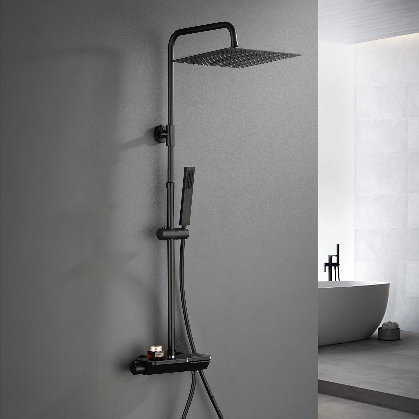 JOHO Regendusche Duschset mit Duscharmatur Thermostat, Überkopfbrause,Handbrause,Duschstange Matt Schwarz