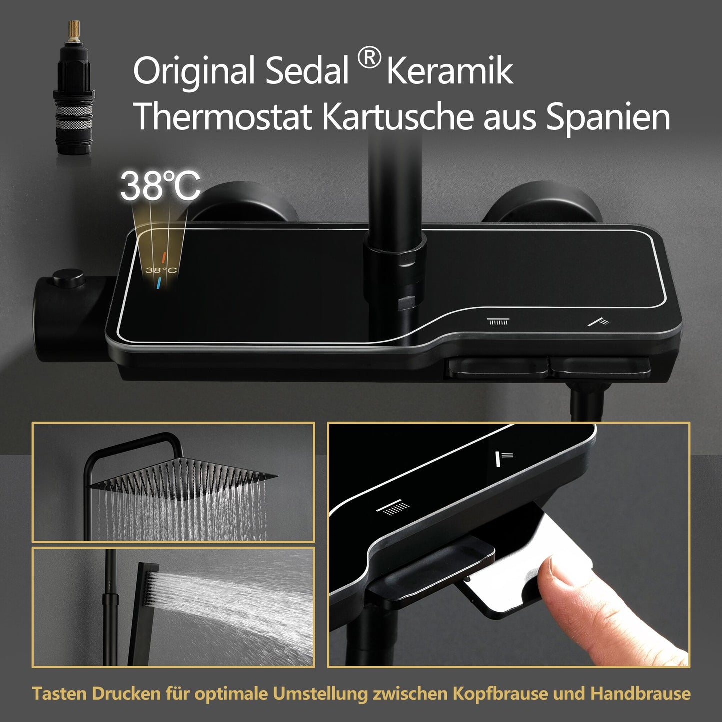 JOHO Regendusche Duschset mit Duscharmatur Thermostat, Überkopfbrause,Handbrause,Duschstange Matt Schwarz