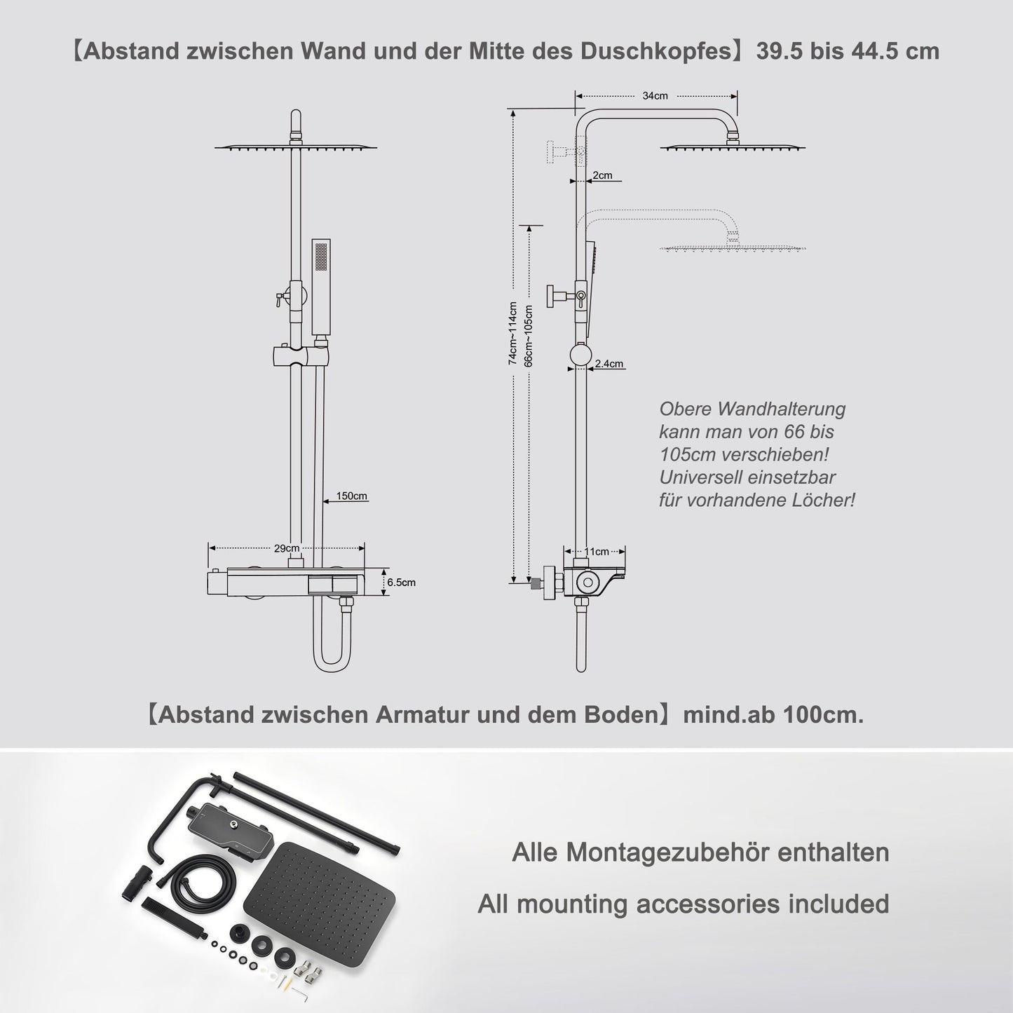JOHO Regendusche Thermostat Duschsystem mit Thermostatische, 35*25CM Überkopfbrause,Handbrause,Duschstange Matt Schwarz