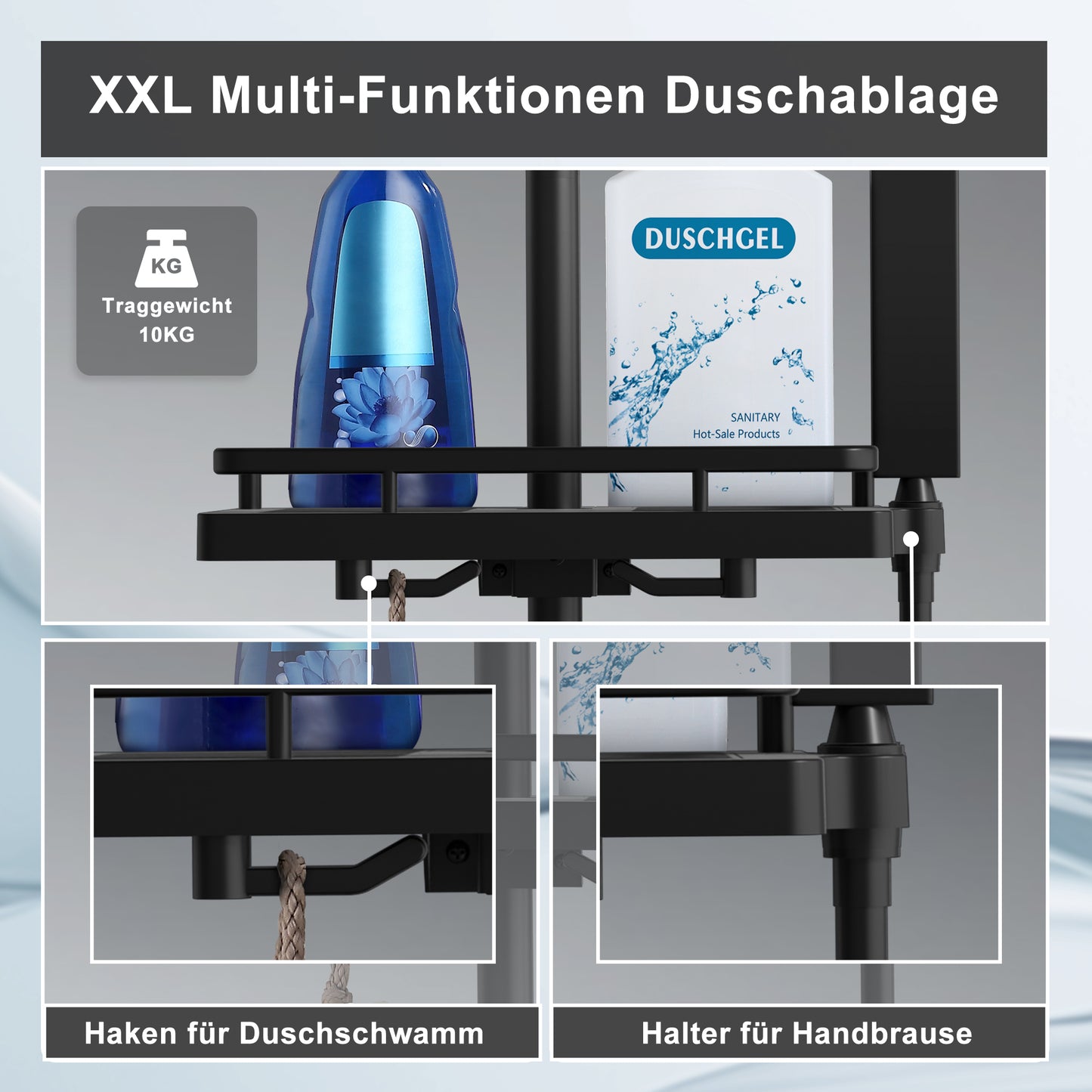 JOHO Thermostat Duschsystem mit Duscharmatur und Duschstangeset mit Duschablage, Messing Thermostat Mischbatterie Dusche + Edelstahl Brausestangeset 70cm mit Handbrause und Schlauch, Rund Matt Schwarz